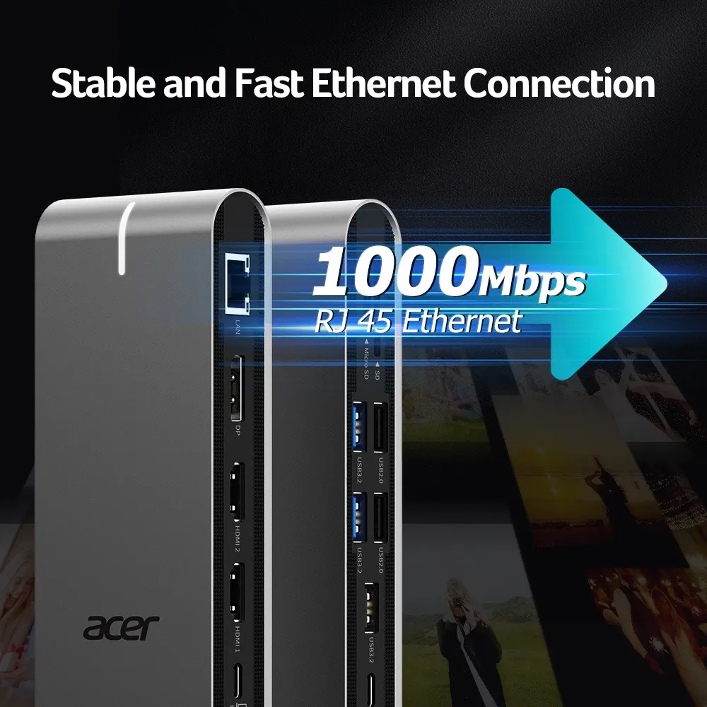 Hub USB-C Acer avec divers ports et connexion Ethernet 1000 Mbps.