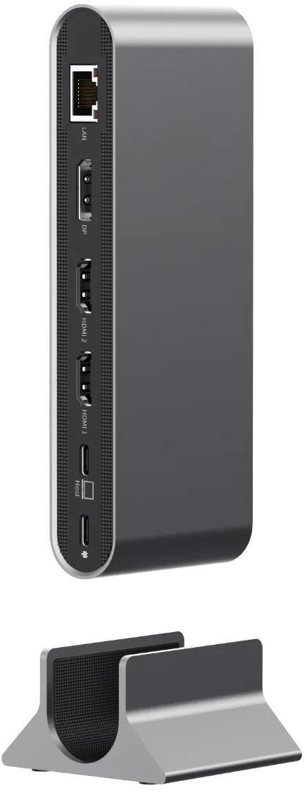 Hub USB-C gris avec divers ports et un support séparé.
