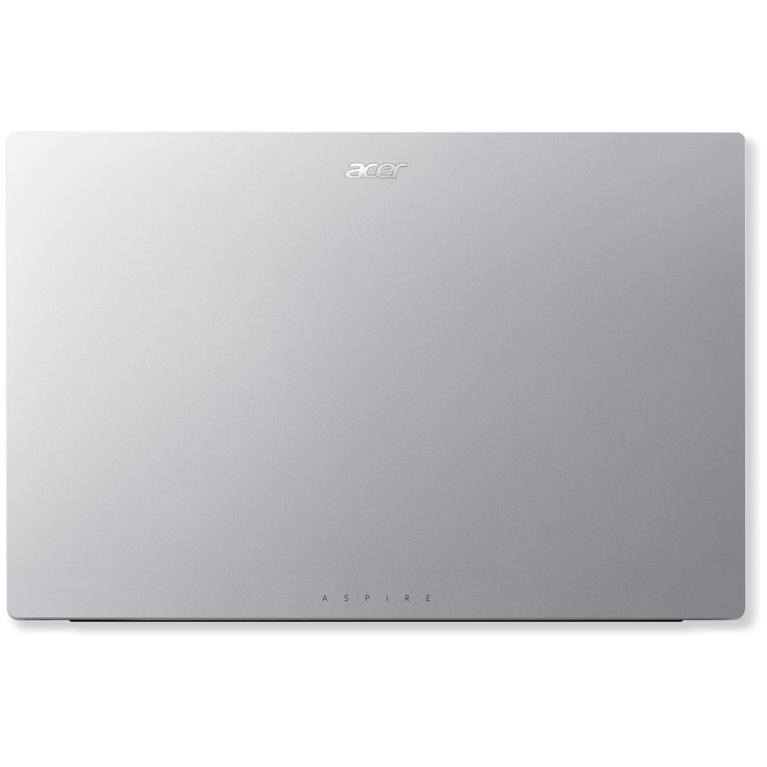 Couvercle fermé d'un ordinateur portable Acer Aspire argenté avec logo en haut et texte Aspire en bas, sur fond blanc.