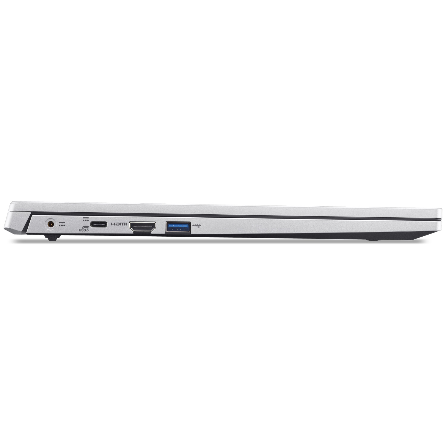 Vue latérale d'un ordinateur portable argenté avec prise d'alimentation, USB-C, HDMI et USB-A.