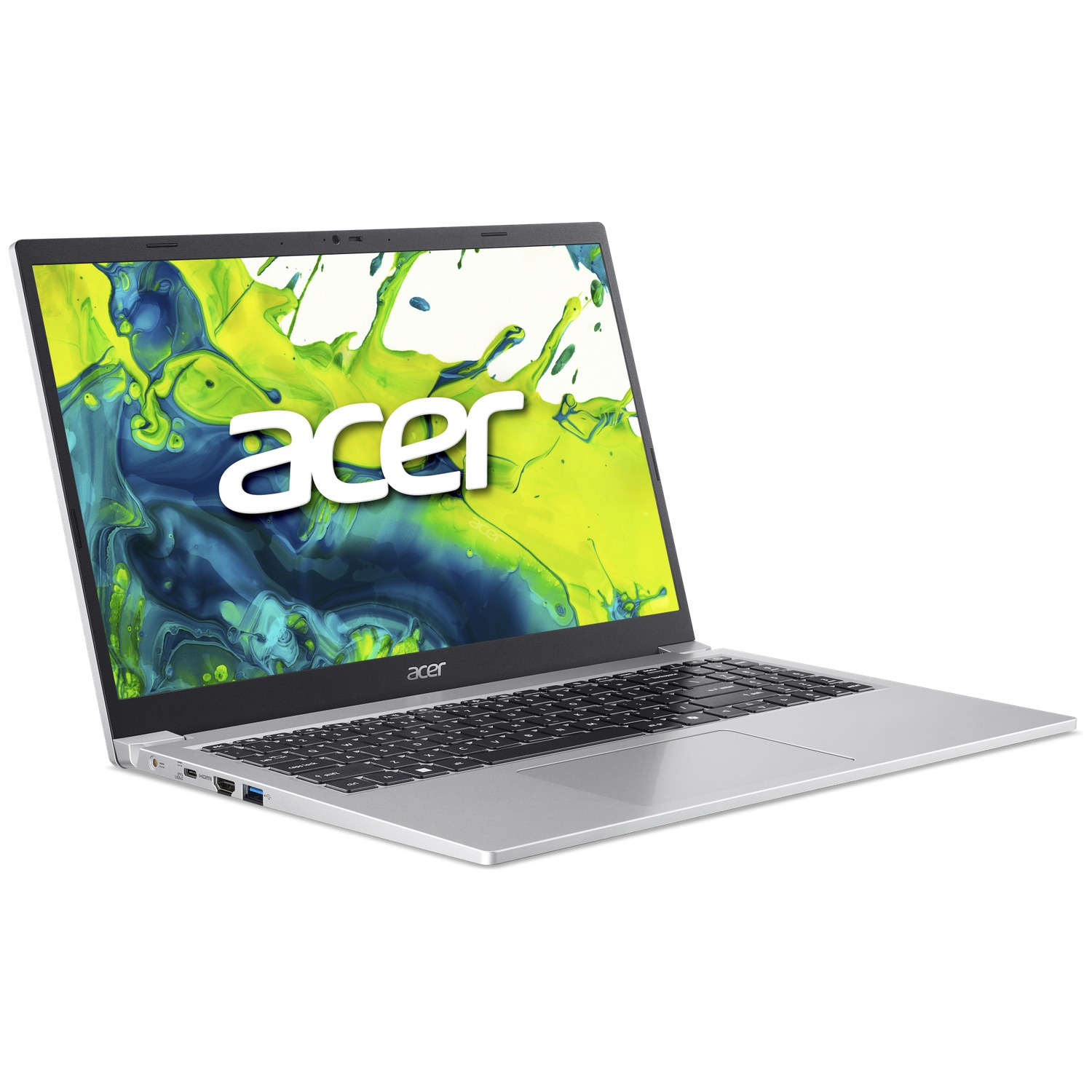 Ordinateur portable Acer argenté avec écran ouvert affichant un fond vert et bleu sur blanc.