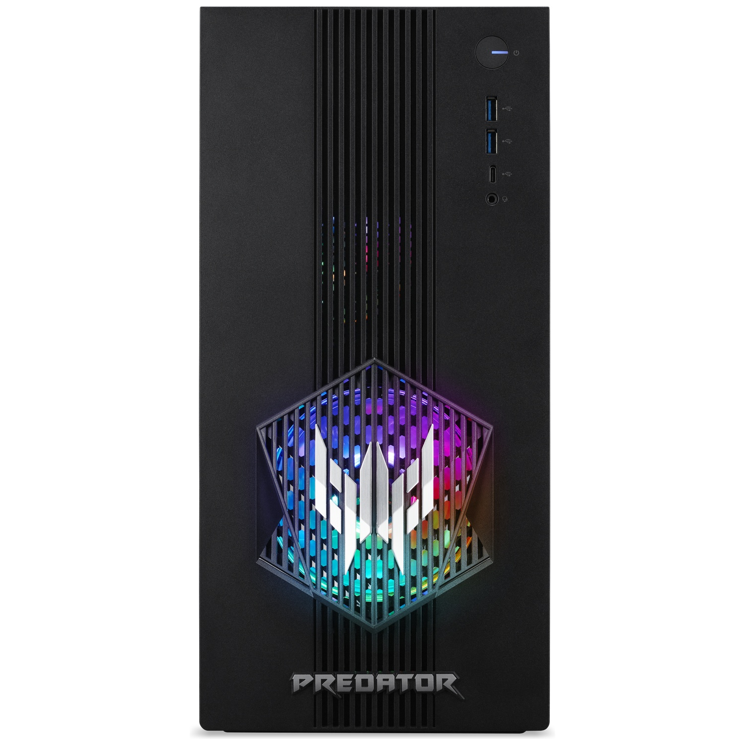 Black PC tower with vertical slats, RGB fan with white logo, and blue power button in the upper right.