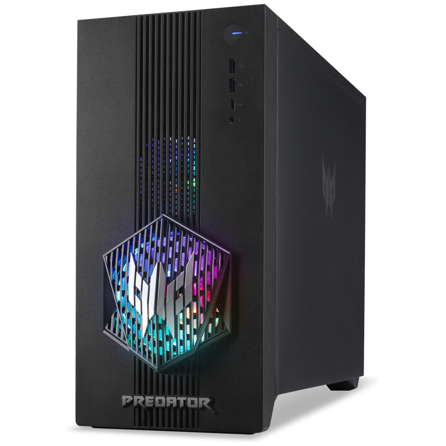 A black Acer Predator gaming desktop tower with RGB lighting behind a hexagonal front grille and the Predator logo.