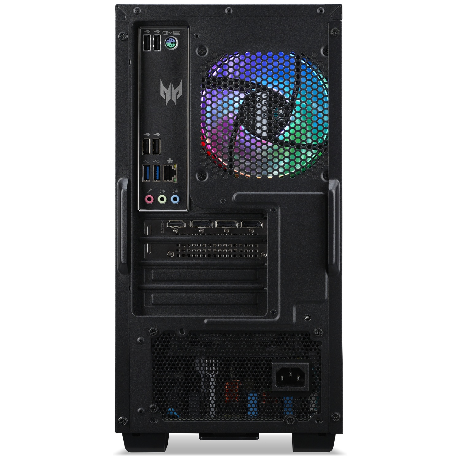 Rear view of a black PC case with a colorful lighted fan and various I/O ports.