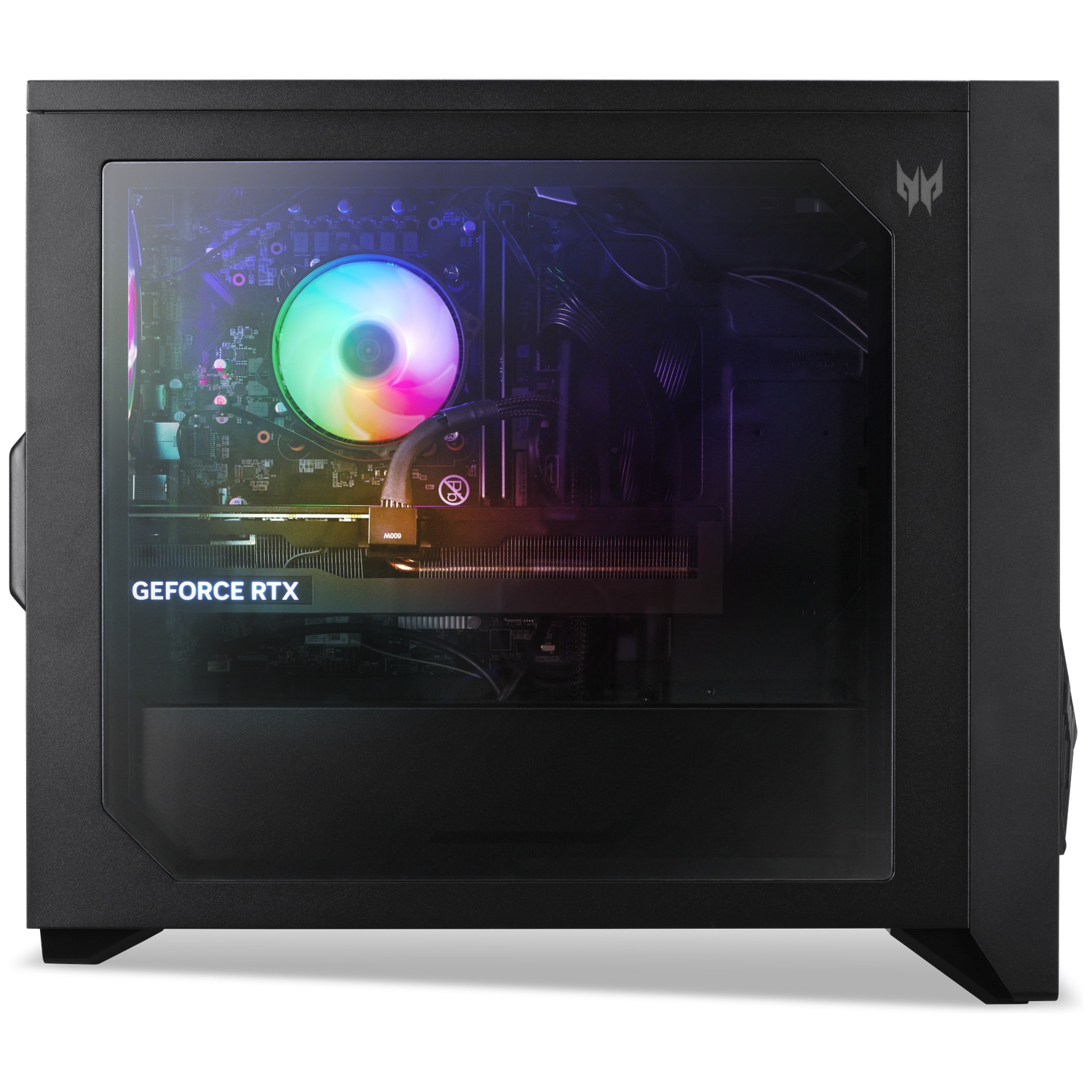 A black desktop PC with a glass side panel displays colorful RGB fan lighting and a GeForce RTX graphics card.