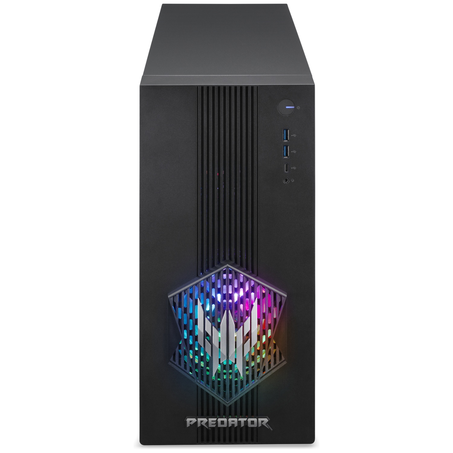A black Acer Predator gaming PC featuring RGB lighting and vertical ventilation grilles on the front panel.