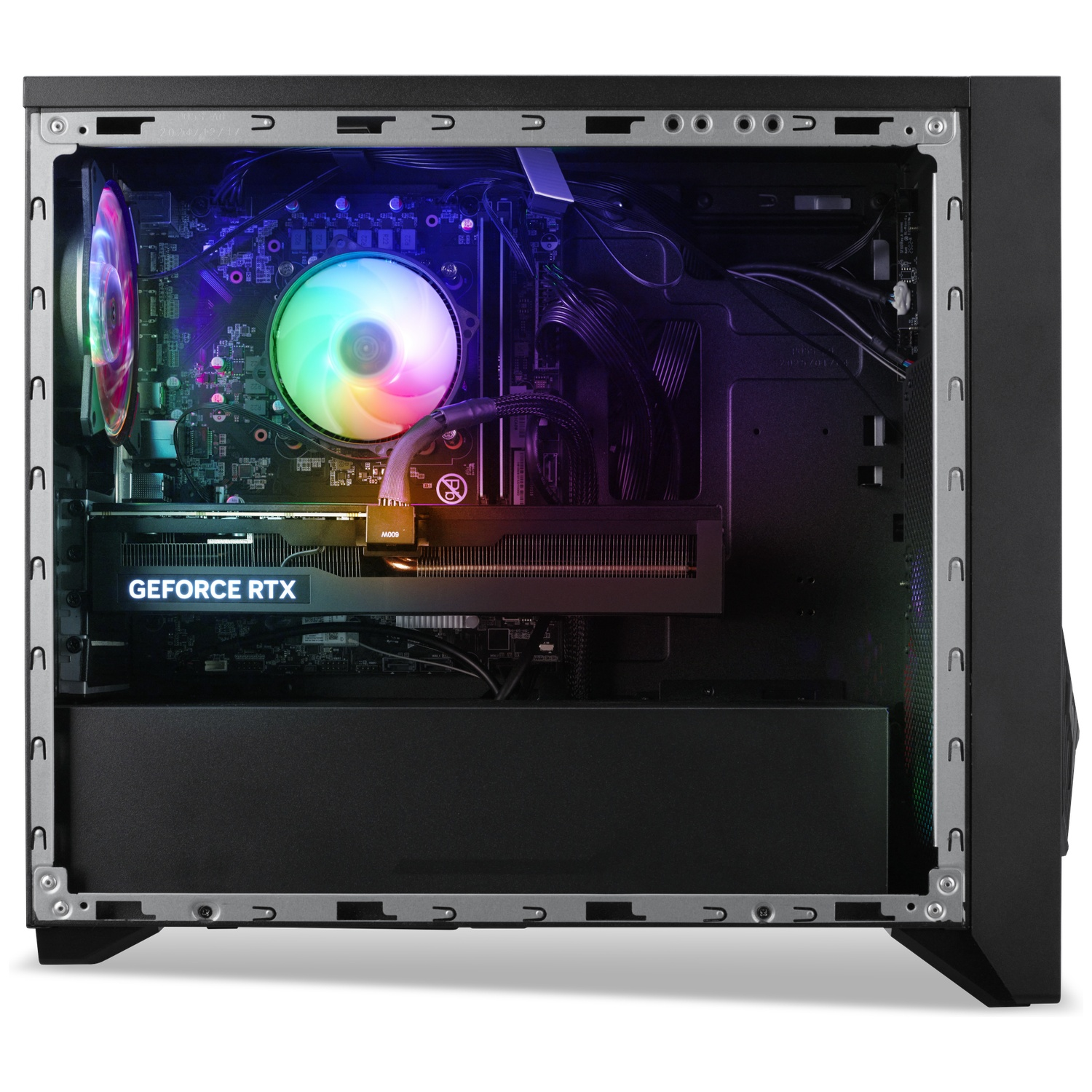 Inside of a black PC case, showing components, a GeForce RTX graphics card, and glowing RGB fans.