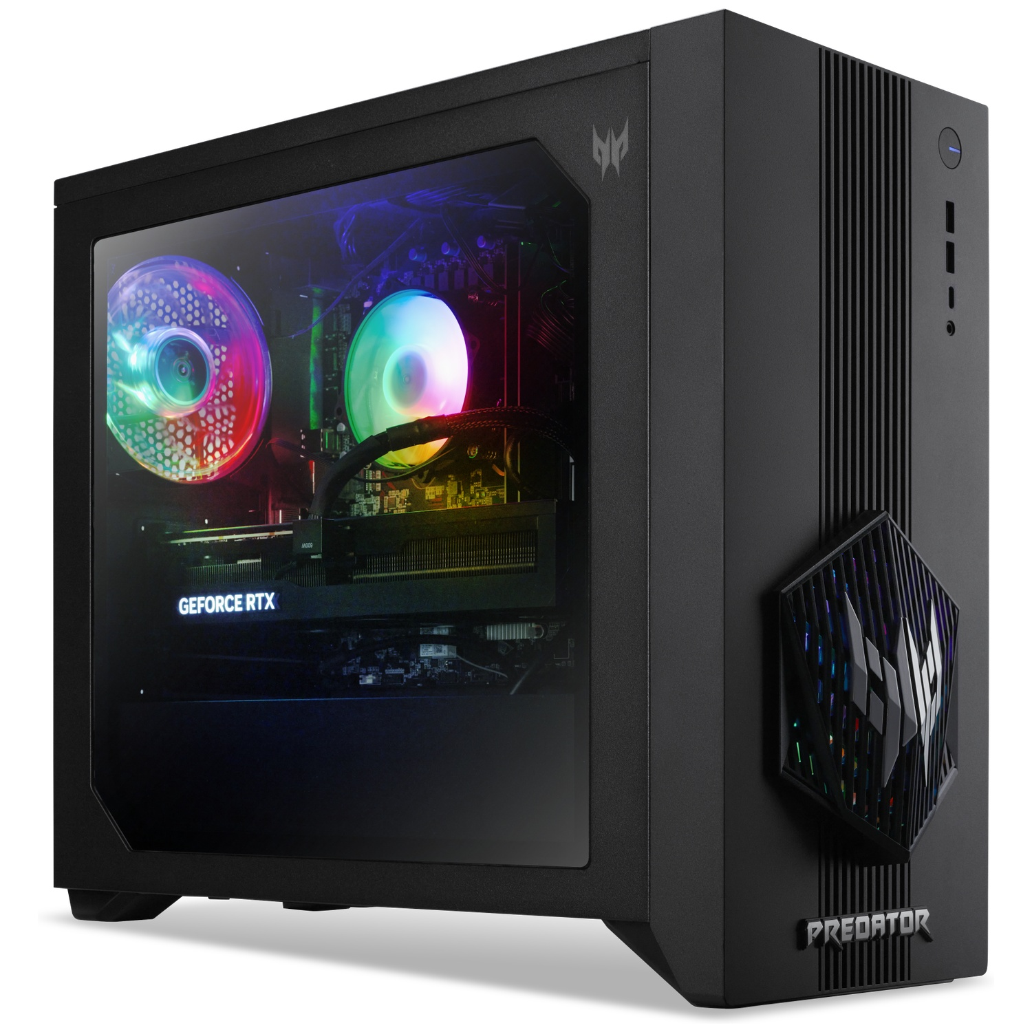 Black Acer Predator gaming PC featuring a glass side panel, illuminated RGB fans, and a GeForce RTX graphics card.
