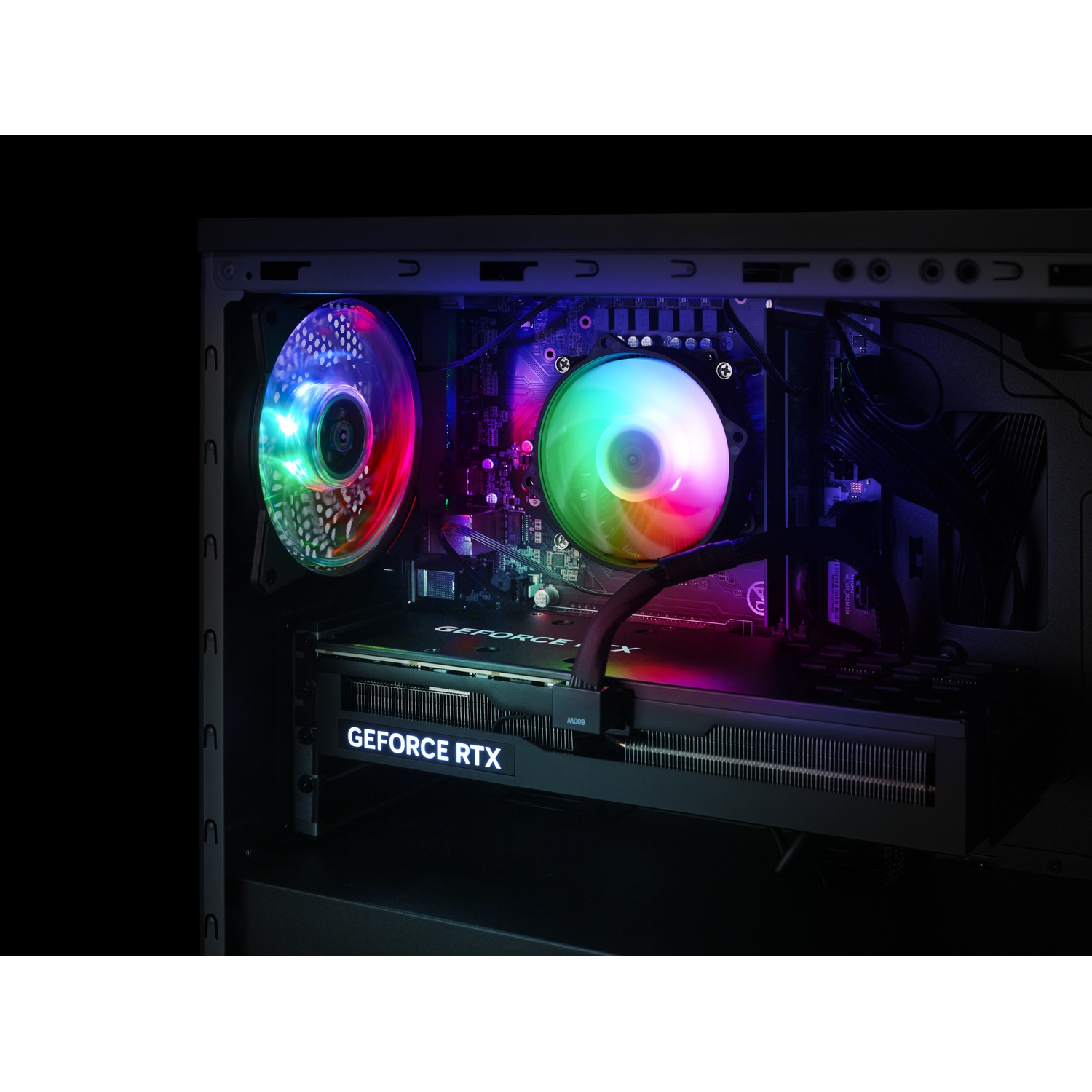 Inside a PC tower with glowing RGB fans and an illuminated GeForce RTX graphics card.