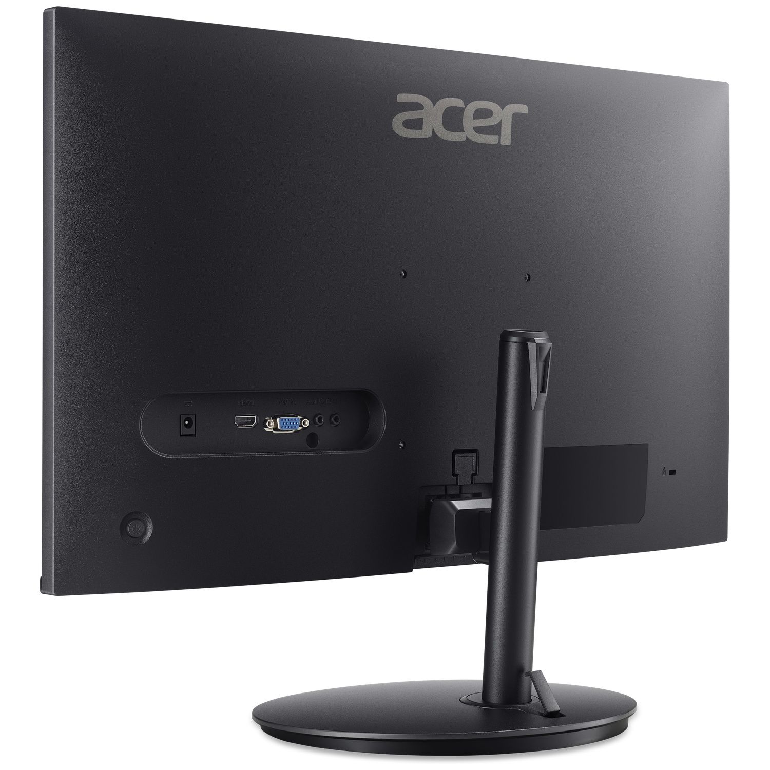 L'arrière d'un moniteur Acer noir montre son pied, ses ports de connexion et son logo.
