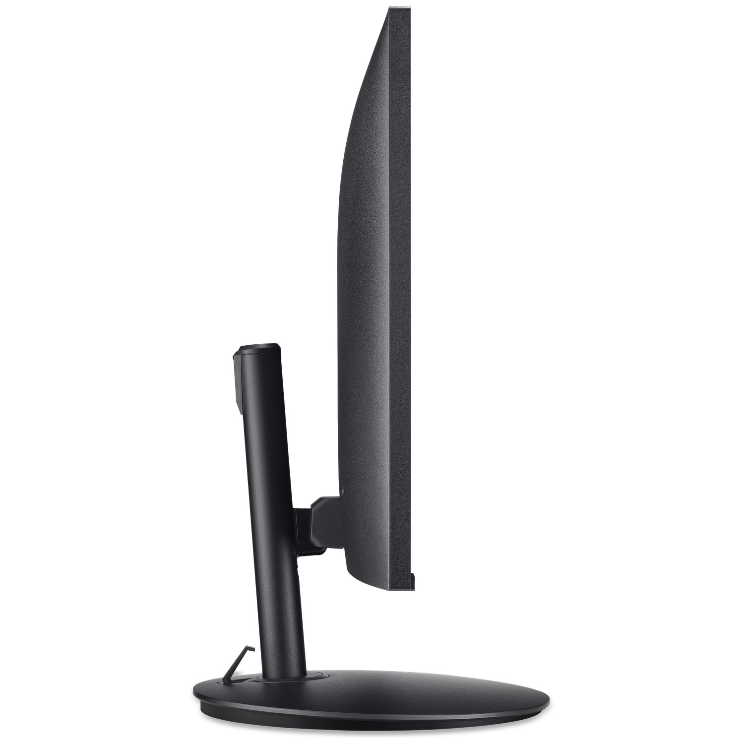 Vue latérale d'un moniteur d'ordinateur noir avec une base ronde sur fond blanc.