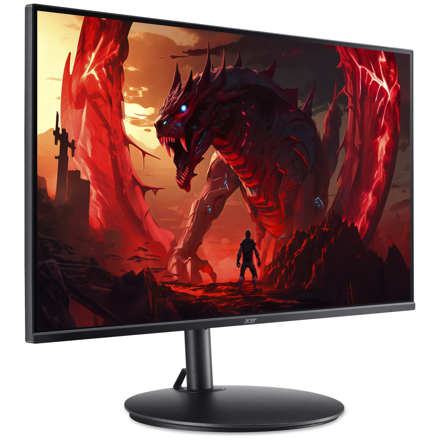 Un moniteur Acer noir affiche un fond d'écran de dragon rouge épique avec une petite silhouette humaine.