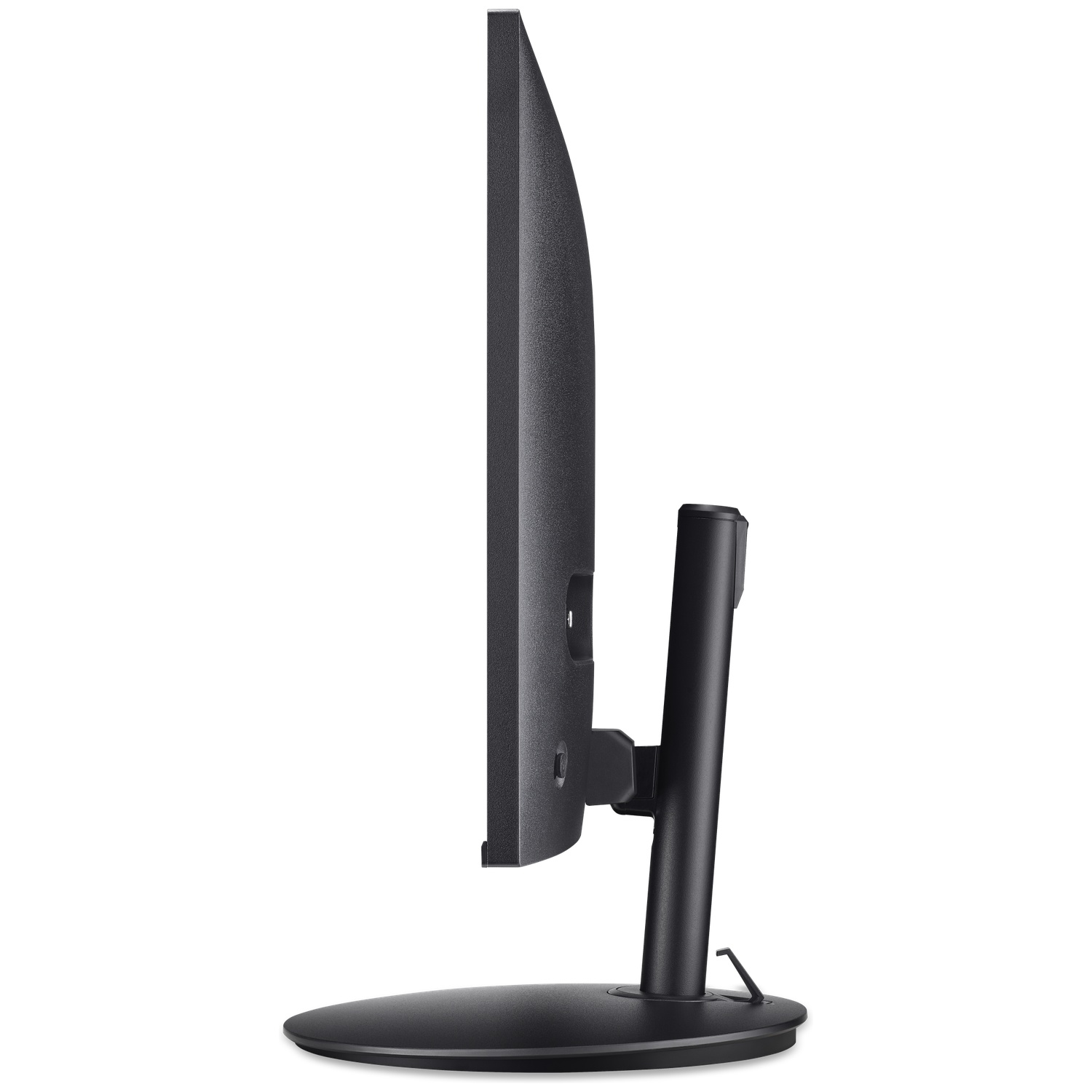Vue latérale d'un moniteur d'ordinateur noir avec une base ronde.