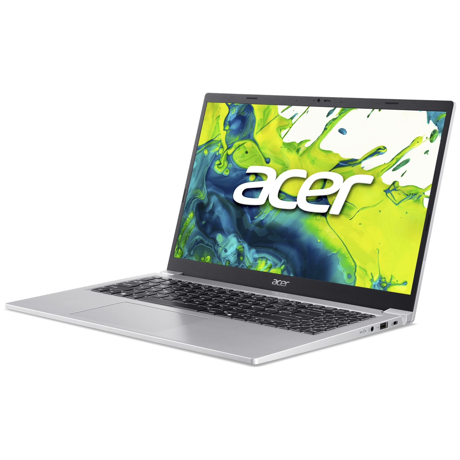 Silver Acer laptop with screen open showing green and blue abstract background and Acer logo.