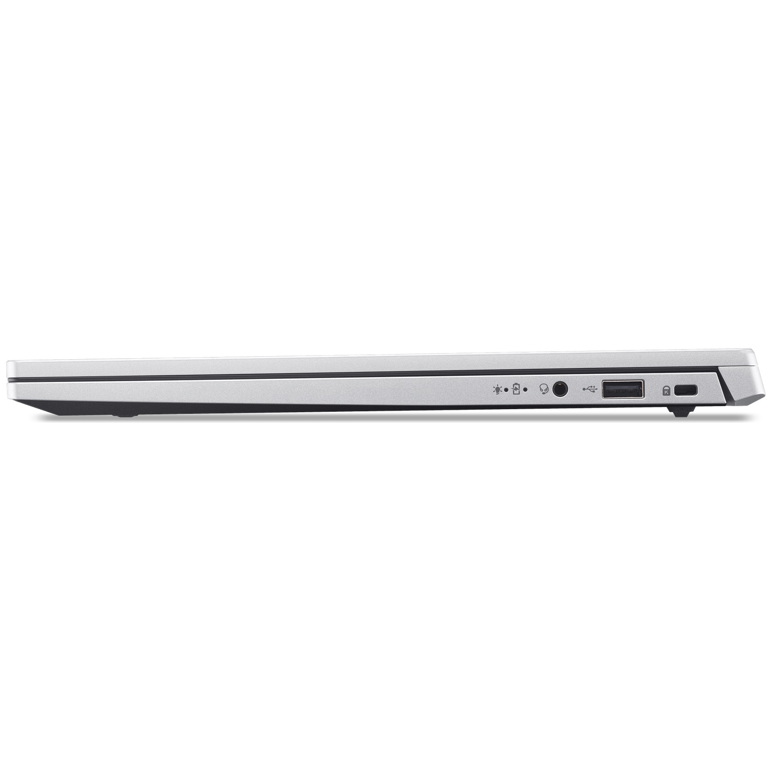 Side view of a silver laptop showing USB port, audio jack, and status indicator lights.