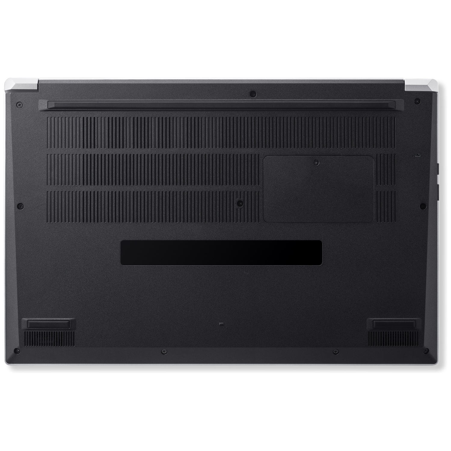Bottom view of a black laptop with ventilation grills, screws, and rubber feet on a white background.