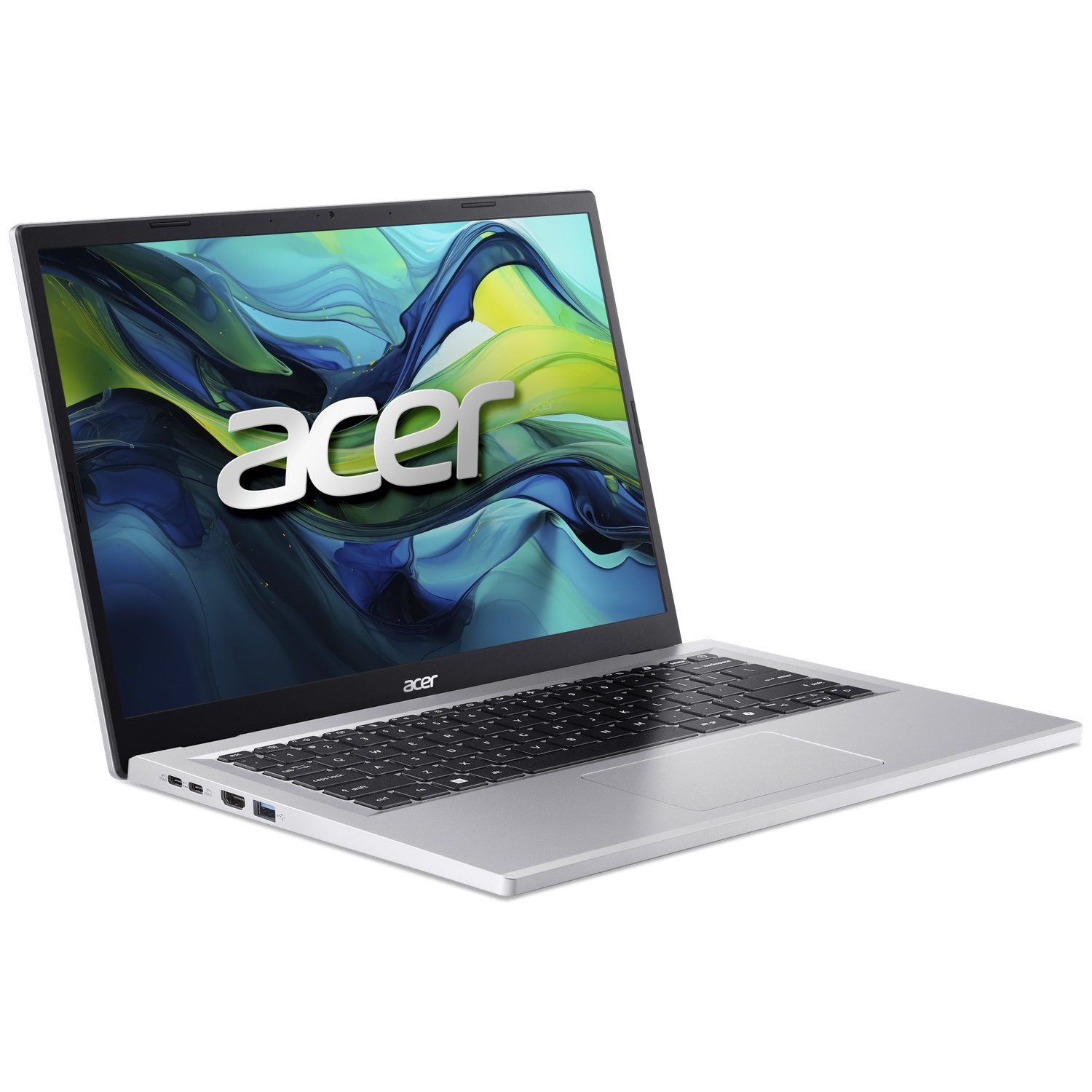 Ordinateur portable Acer argenté avec clavier noir sur fond blanc, écran affichant des vagues vertes et bleues.