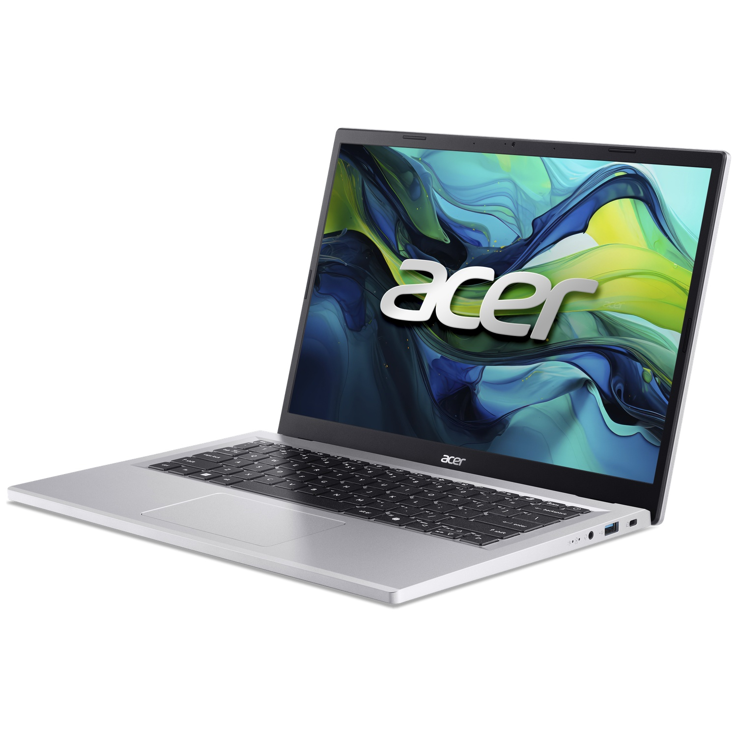 Un ordinateur portable Acer argenté avec un clavier noir et un fond d'écran abstrait coloré.