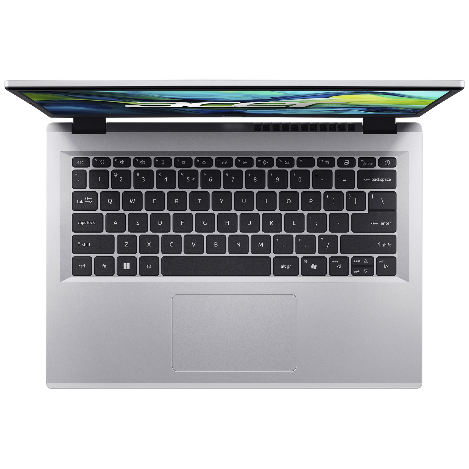 Vue de dessus d'un ordinateur portable argenté avec clavier et pavé tactile noirs, affichant un fond d'écran Acer.
