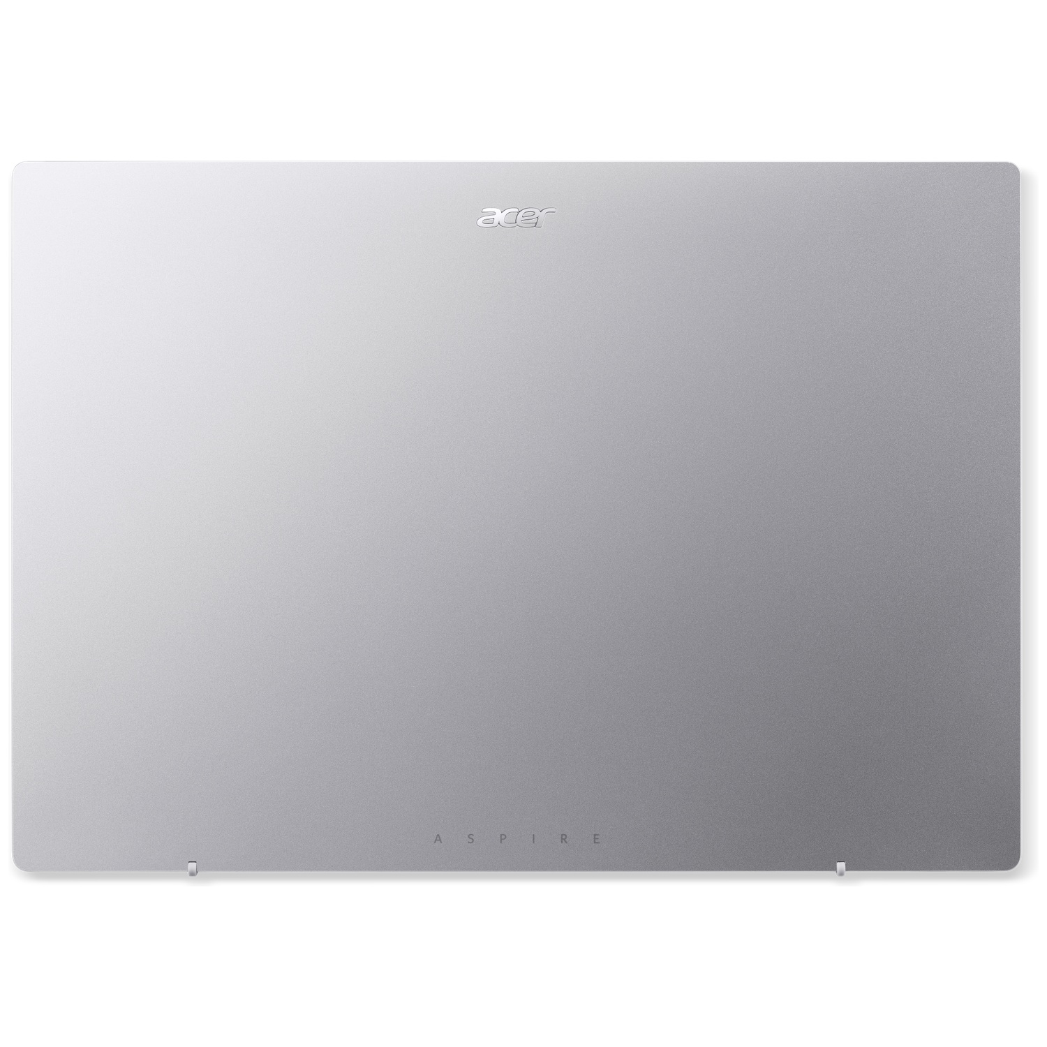 Couvercle d'ordinateur portable Acer Aspire argenté fermé avec le logo Acer en haut et Aspire en bas sur fond blanc.