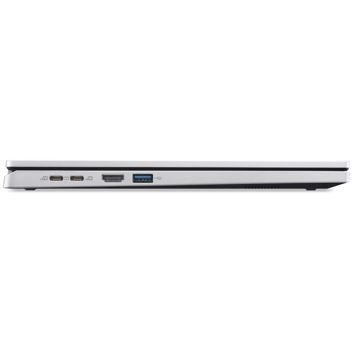 Vue latérale d'un ordinateur portable argenté avec deux ports USB-C, un port HDMI et un port USB-A bleu.