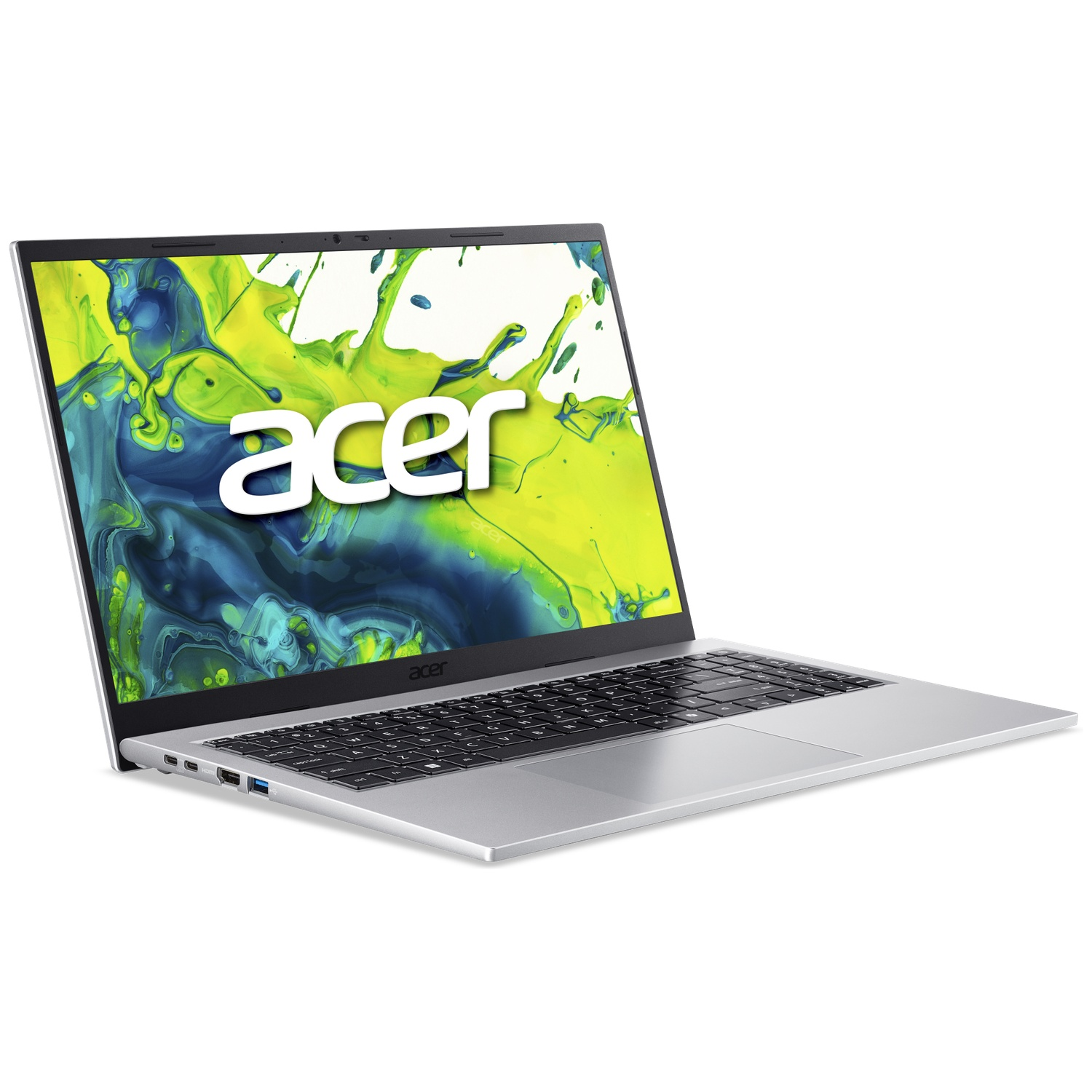 Ordinateur portable Acer argenté avec clavier noir et fond d'écran abstrait vert et bleu.