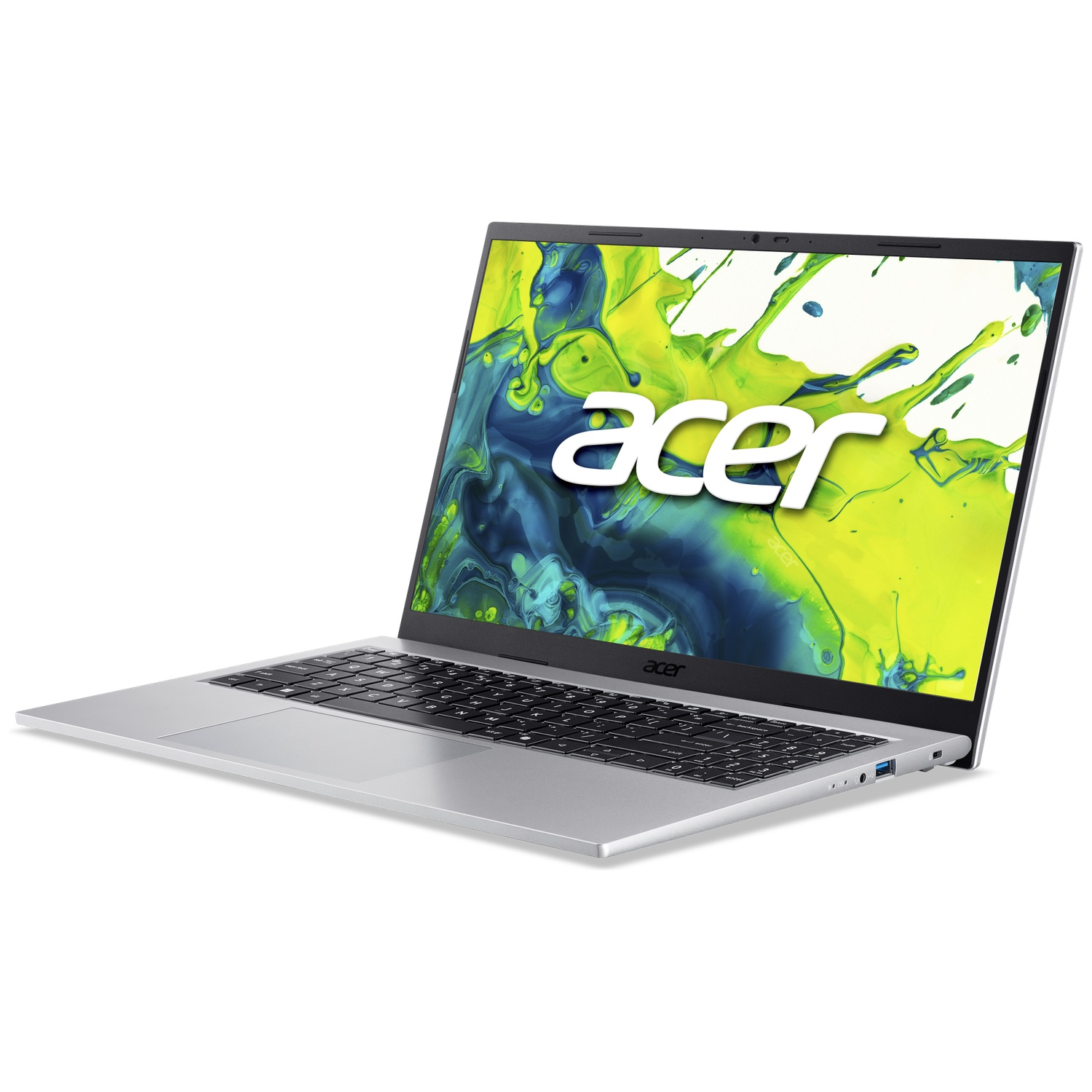 Un ordinateur portable Acer argenté ouvert sur fond blanc, affichant un fond d'écran abstrait vert et bleu.