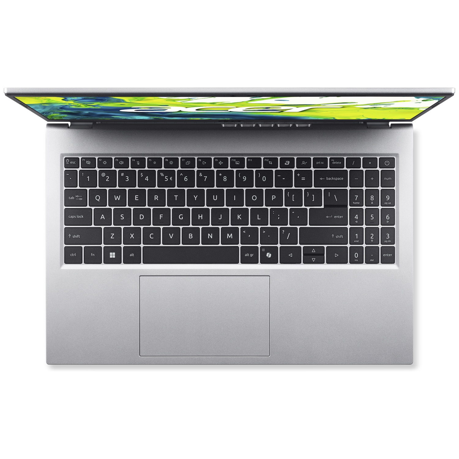 Vue du dessus d'un ordinateur portable argenté avec un clavier noir et l'écran allumé.