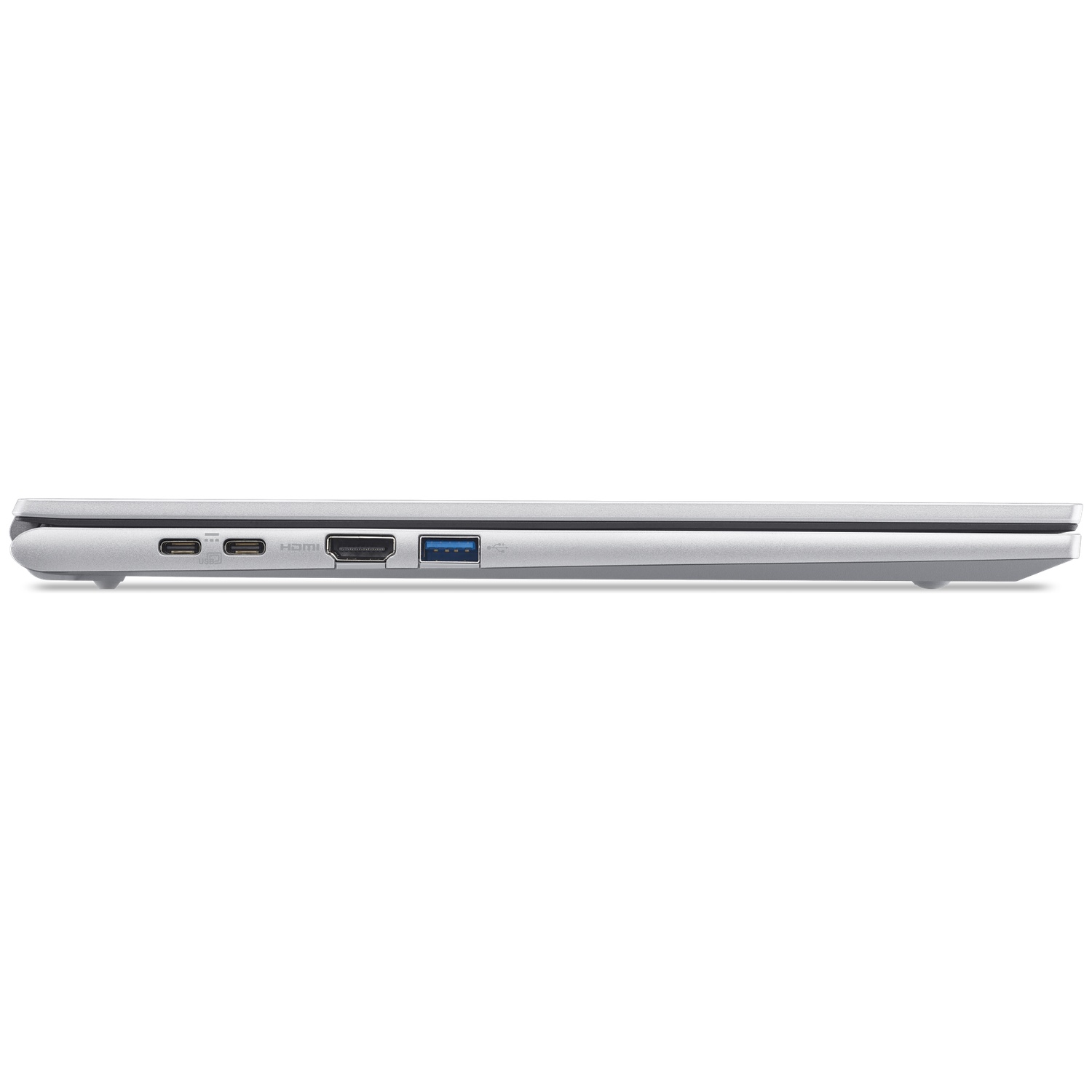 Vue latérale d'un ordinateur portable argenté avec deux ports USB-C, un port HDMI et un port USB bleu.