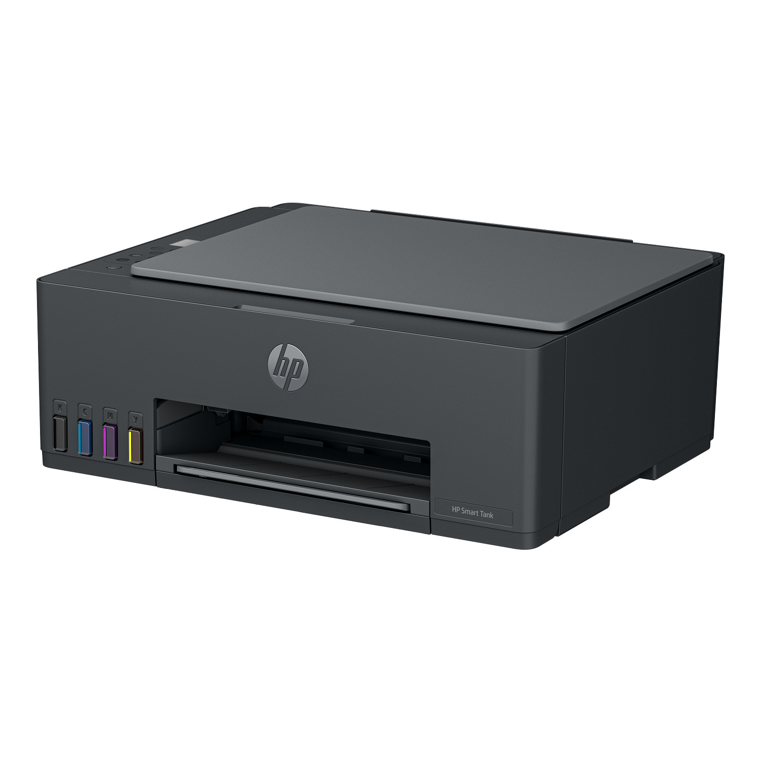 Una impresora gris HP Smart Tank con cuatro tanques de tinta visibles en la parte delantera, sobre fondo blanco.