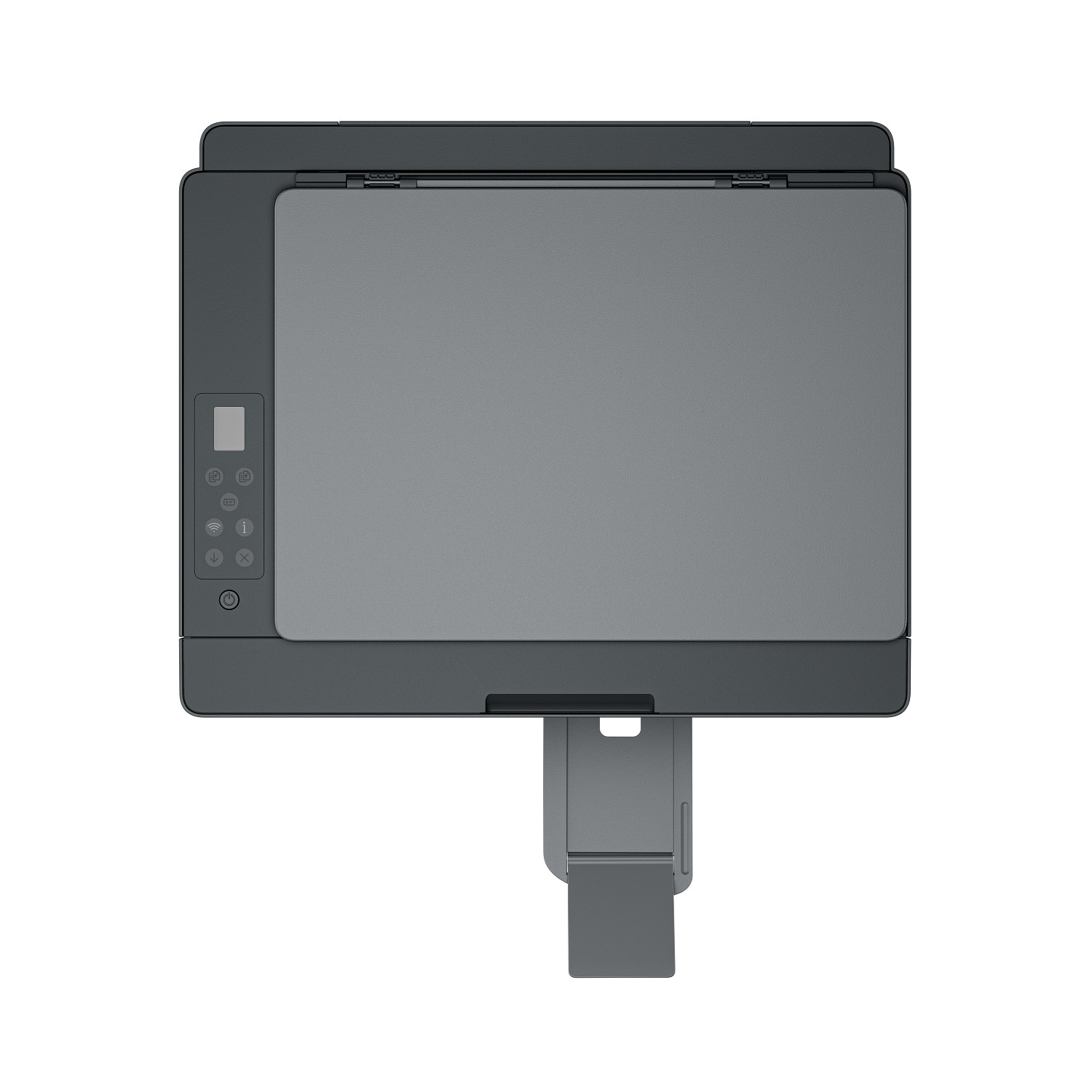 Vista superior de una impresora inalámbrica moderna en negro y gris con panel de control a la izquierda y bandeja.