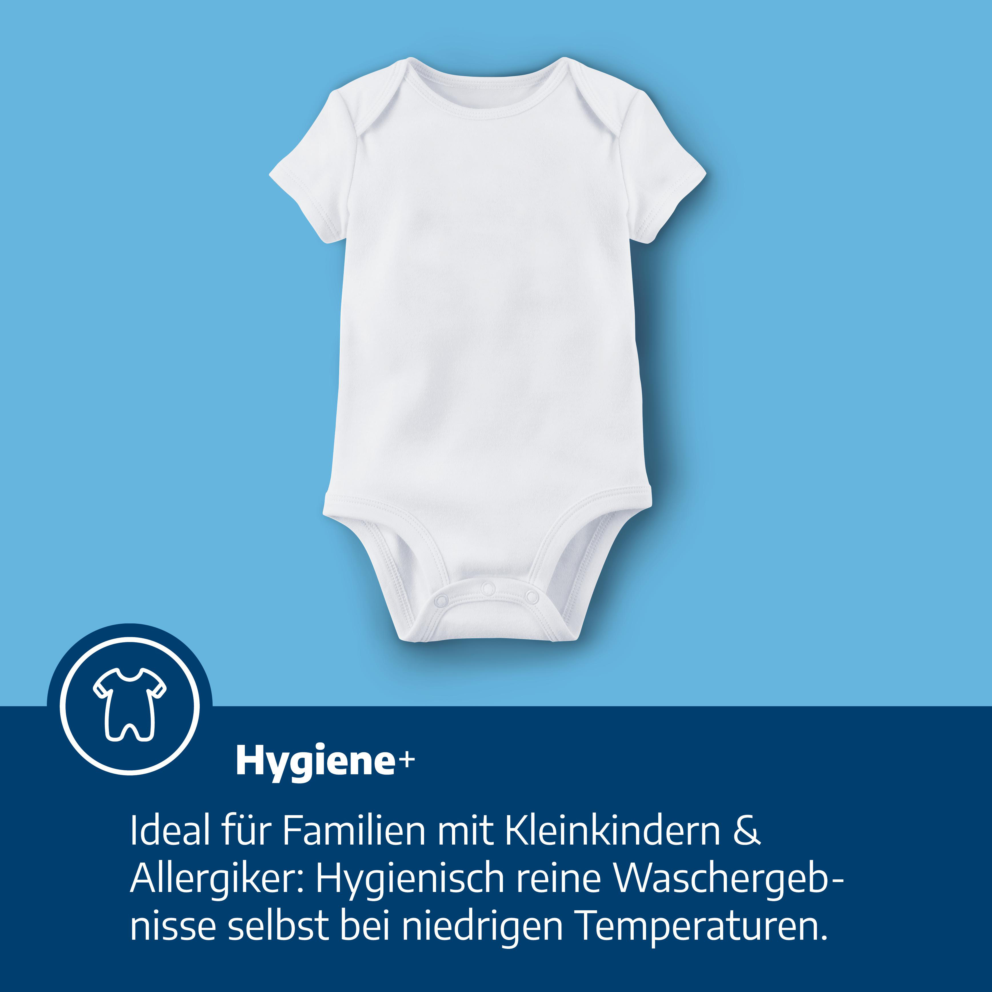 Ein weißer Babybody vor blauem Hintergrund mit Text über Hygiene und Waschtemperaturen.