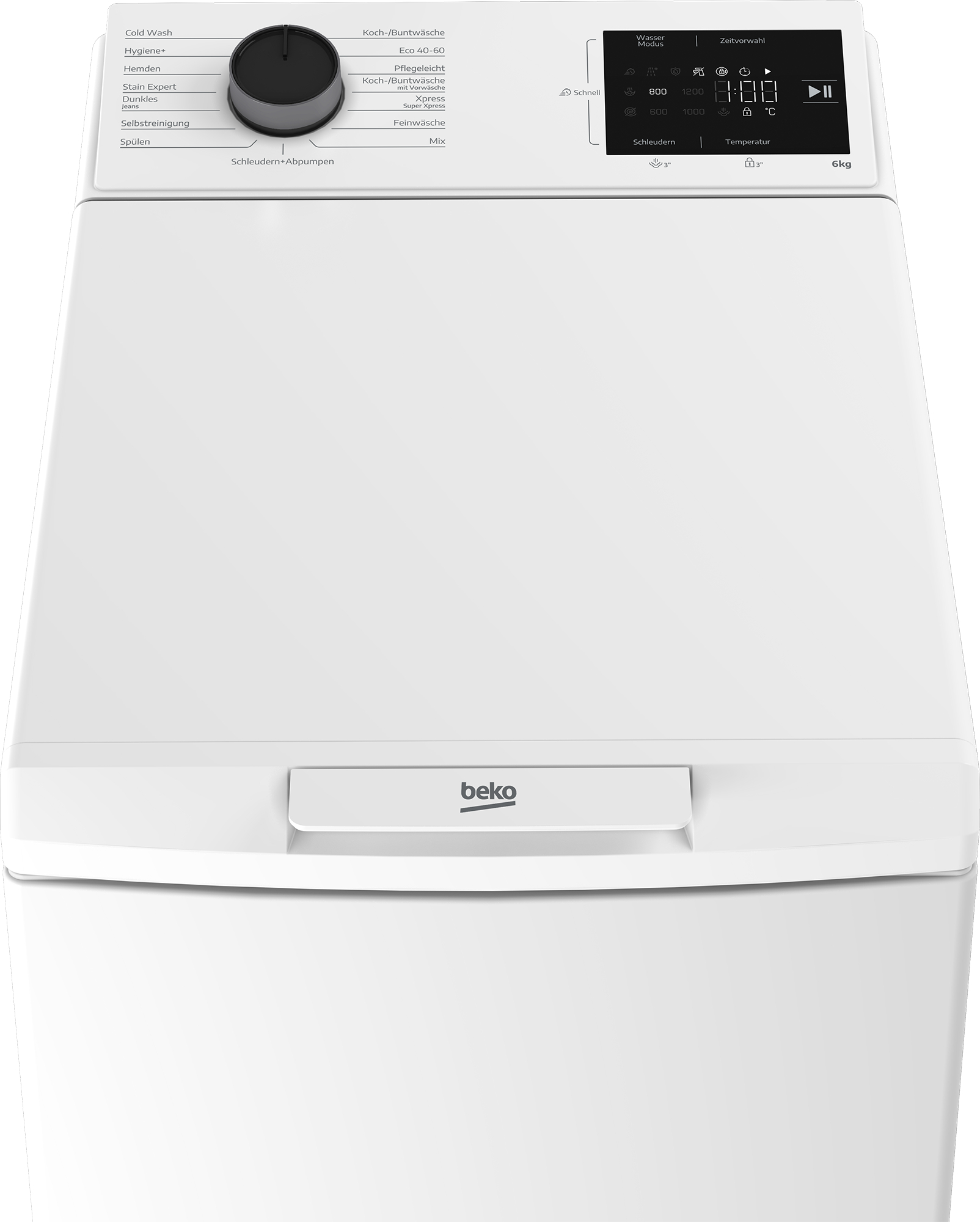 Oberansicht einer weißen Beko-Waschmaschine mit Drehregler und Digitaldisplay.