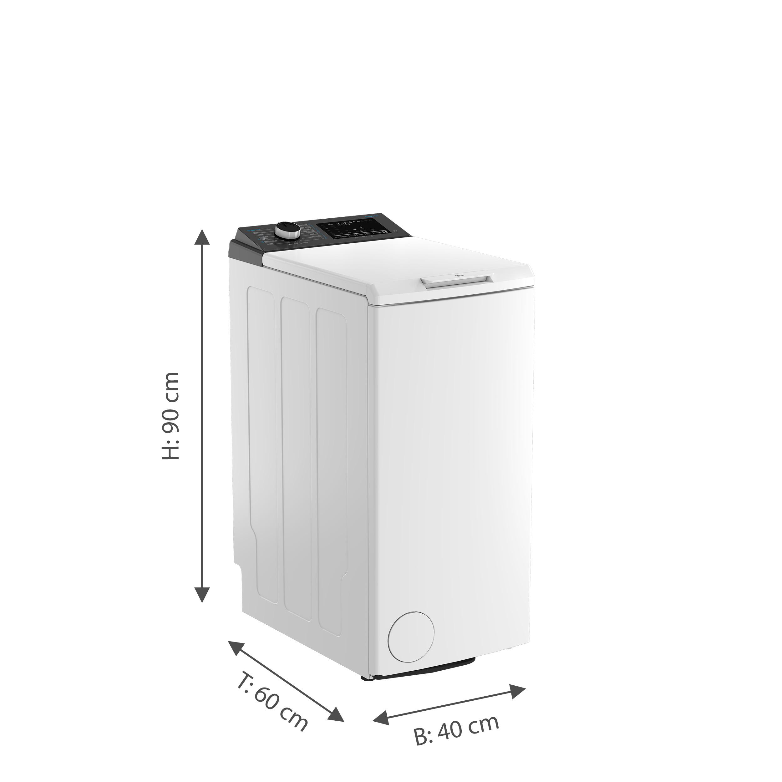 Weißer Toplader-Waschautomat mit Maßangaben von 90 cm Höhe, 60 cm Tiefe und 40 cm Breite auf weißem Hintergrund.