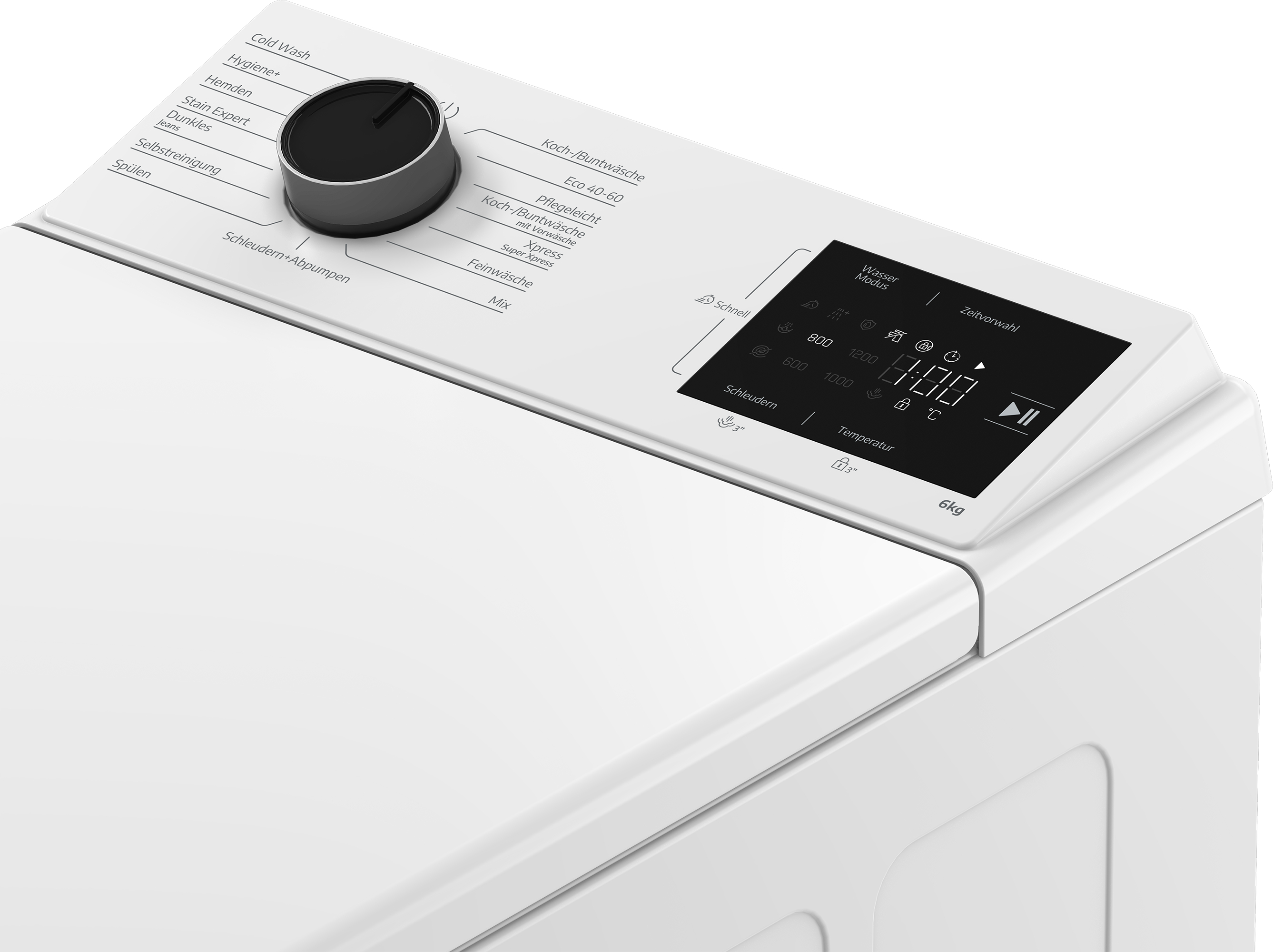 Bedienfeld einer weißen Waschmaschine mit Drehregler und Digitalanzeige.