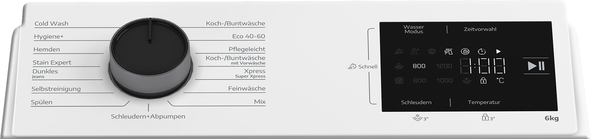 Weißes Waschmaschinen-Bedienfeld mit Programmwähler und digitalem LED-Display.