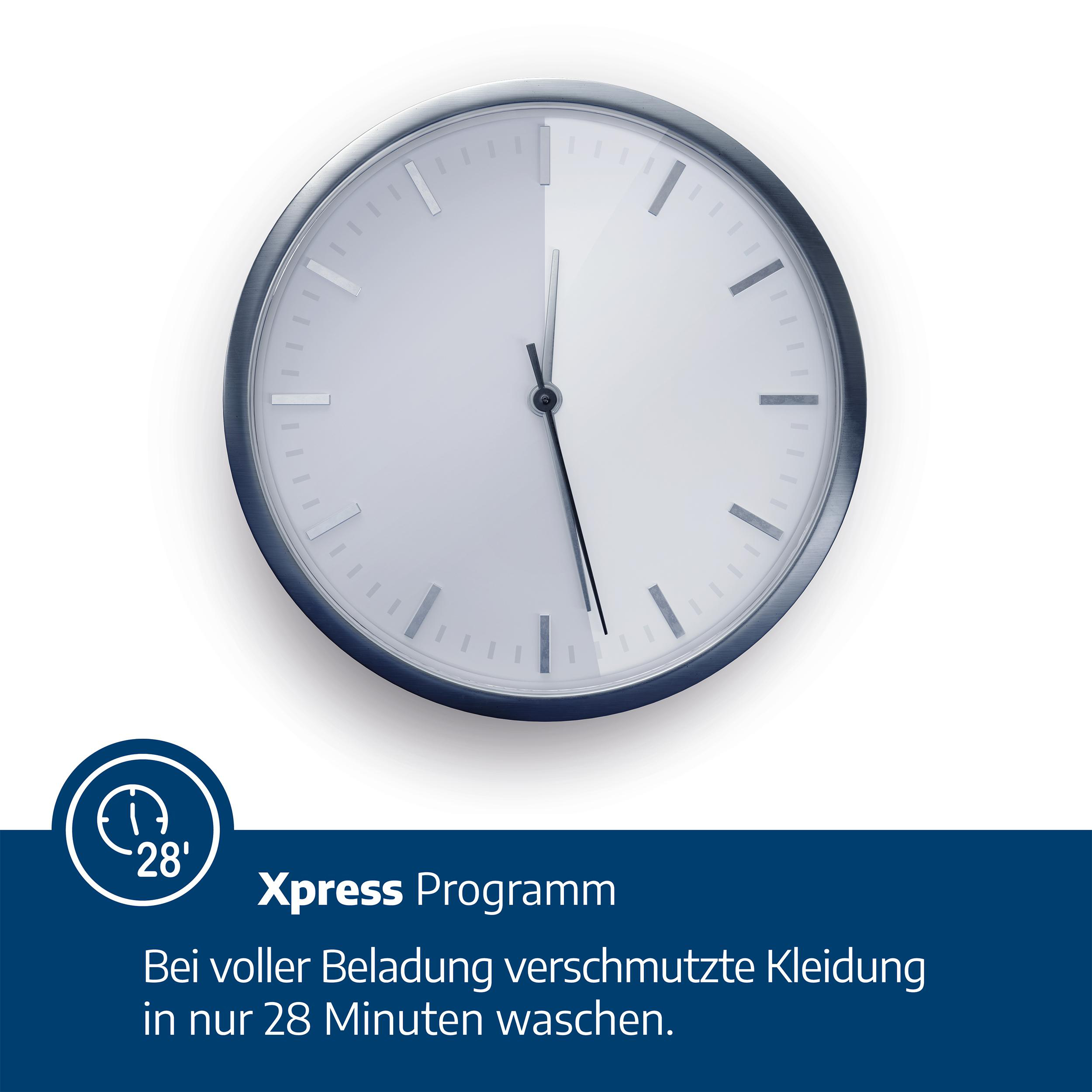 Eine Wanduhr mit silbernem Rahmen und weißem Zifferblatt zeigt 28 Minuten, darunter deutscher Text zum Xpress-Programm.
