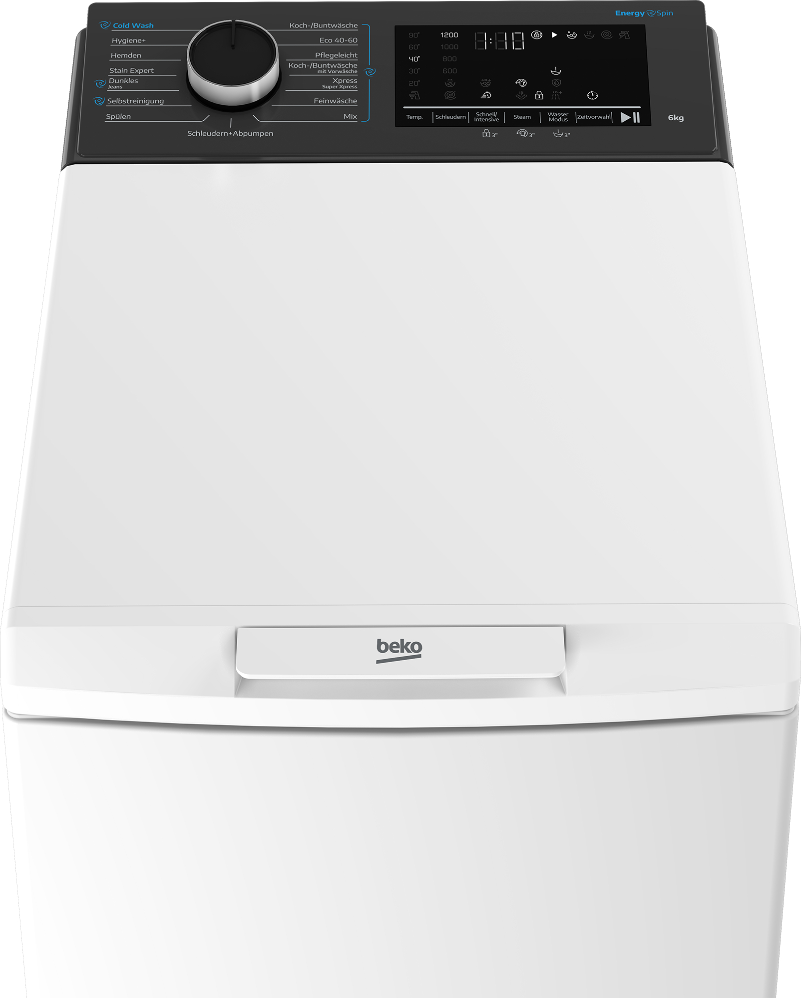 Obere Ansicht einer weißen Beko Waschmaschine mit schwarzem Bedienfeld, Drehregler und digitalem Display.