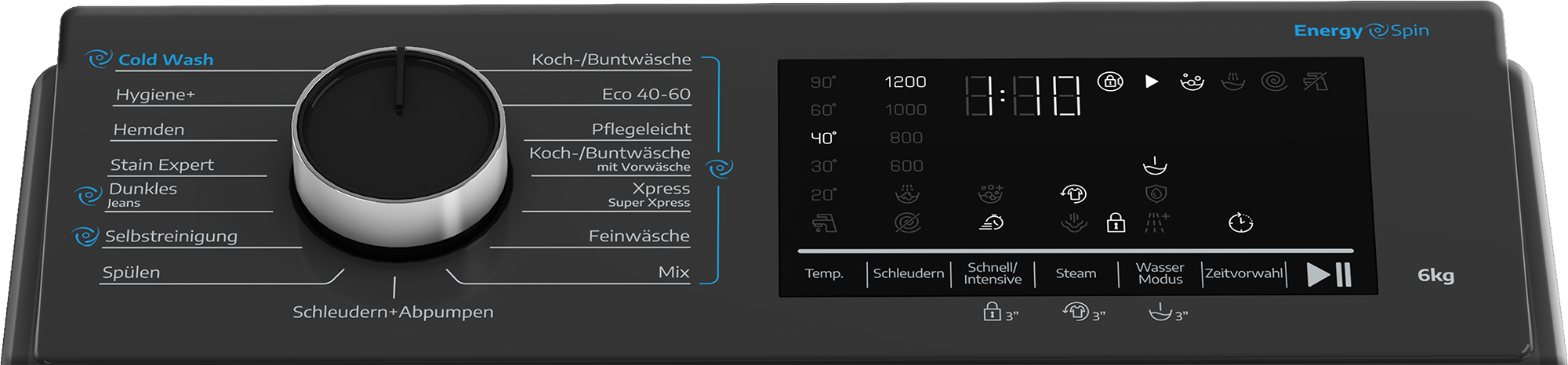Schwarzes Waschmaschinen-Bedienfeld mit Drehregler und digitalem Display.