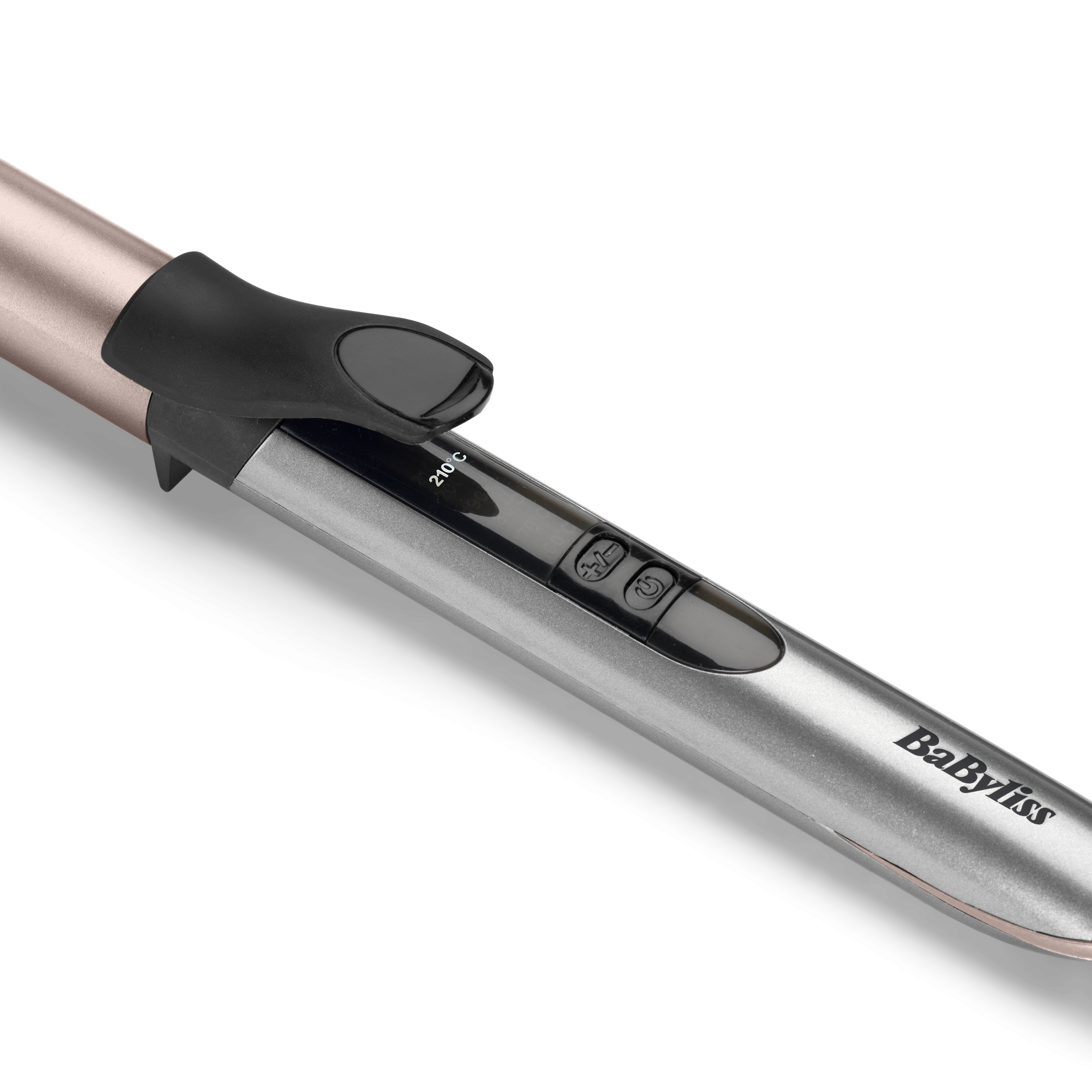 Ein roségoldener und schwarzer BaByliss Lockenstab mit digitaler Temperaturanzeige auf schwarzem Hintergrund.