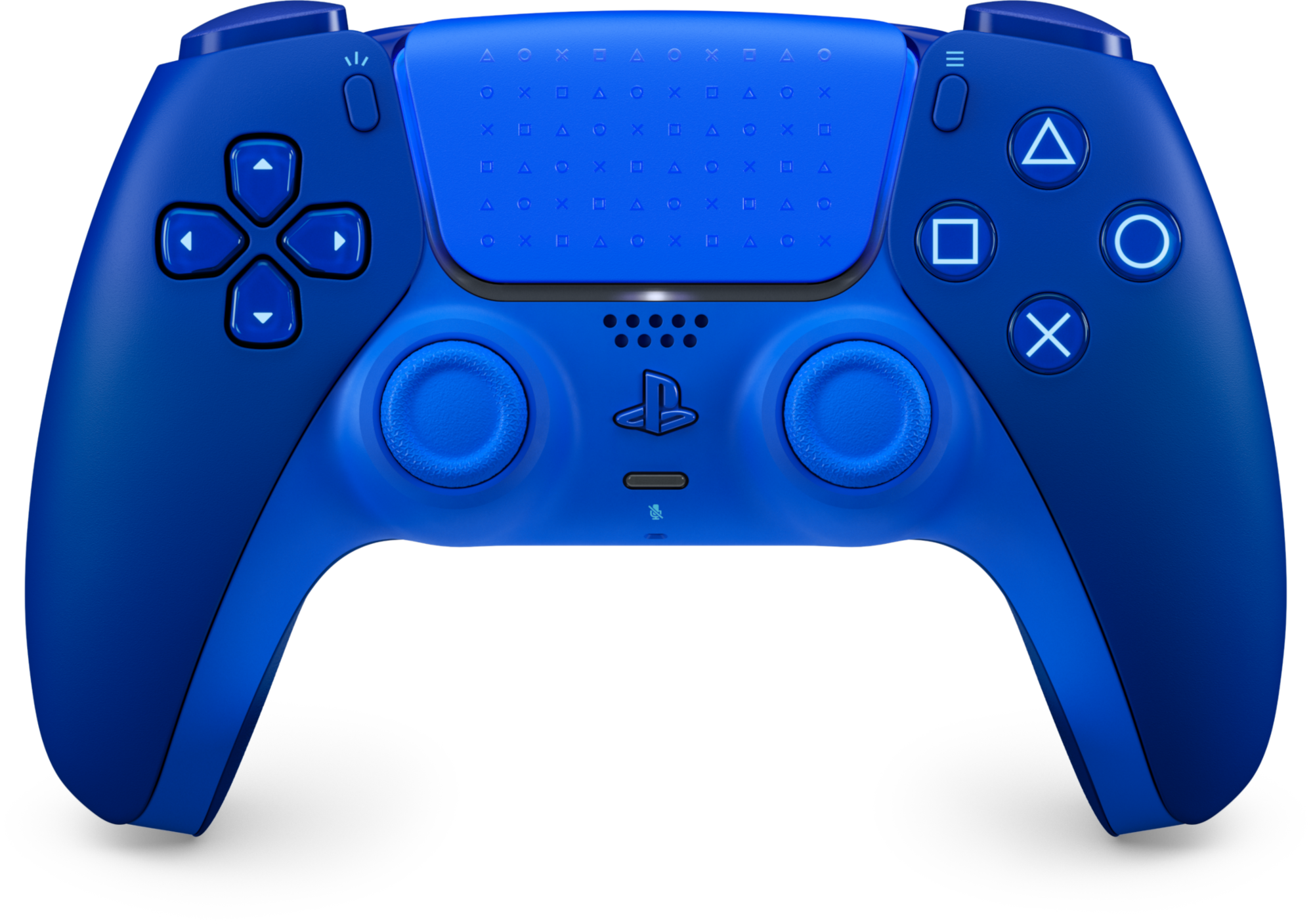 Egy kék PlayStation 5 DualSense kontroller fekete háttér előtt.