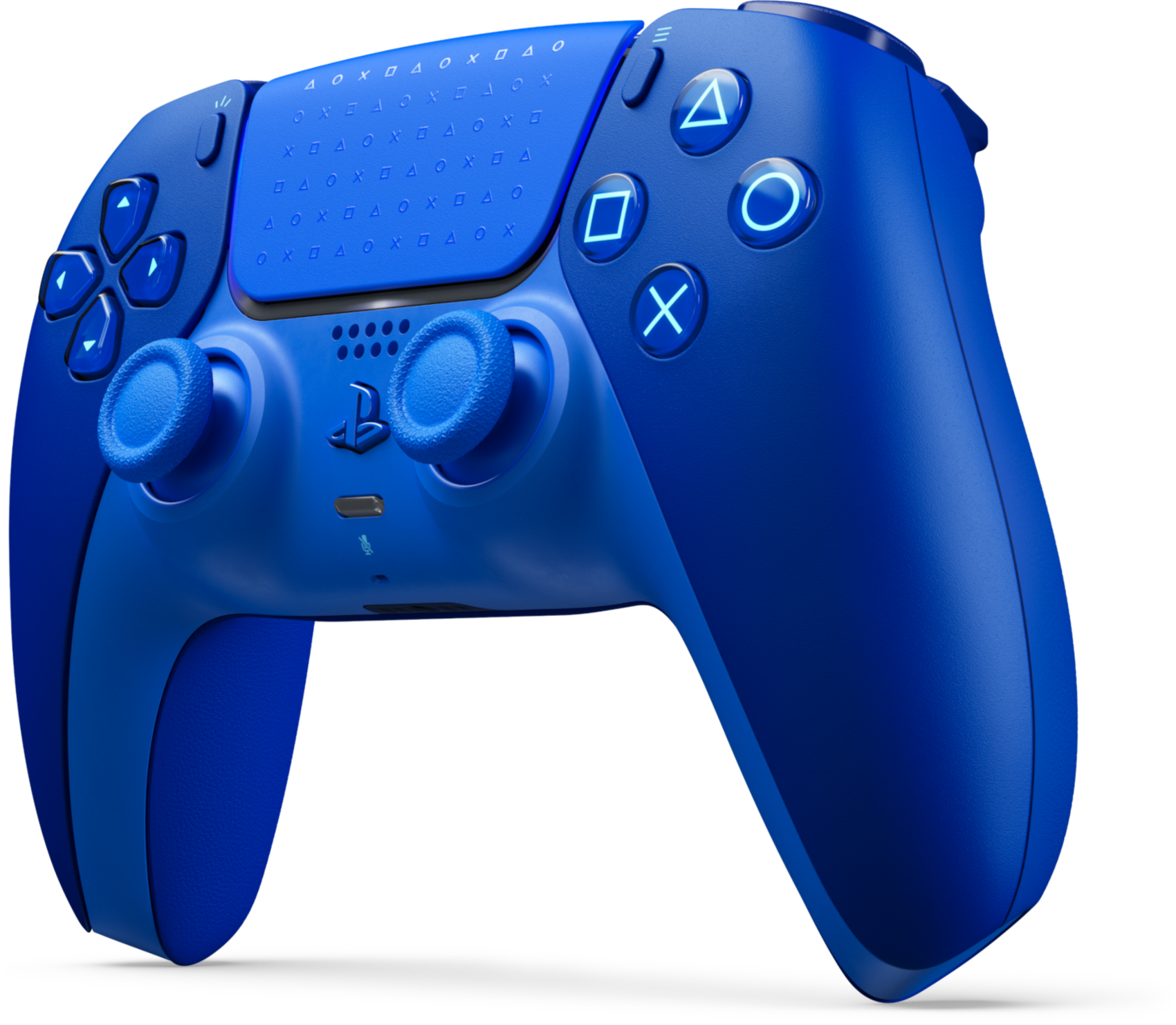 Egy élénkkék PlayStation 5 vezeték nélküli kontroller fekete háttér előtt.