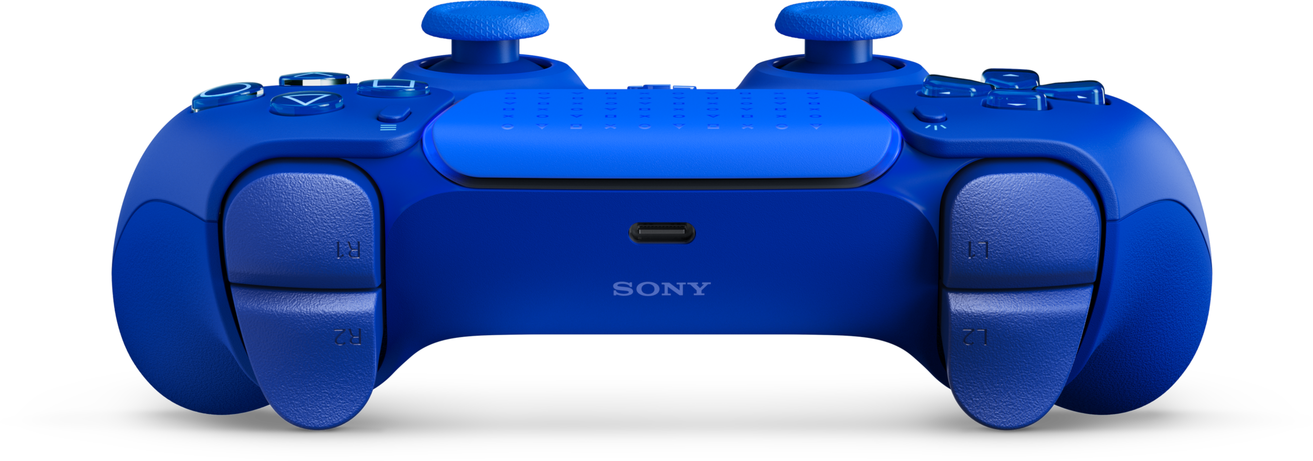 Egy kék PlayStation kontroller L2 és R2 ravaszokkal, USB-C porttal és Sony logóval fekete háttér előtt.