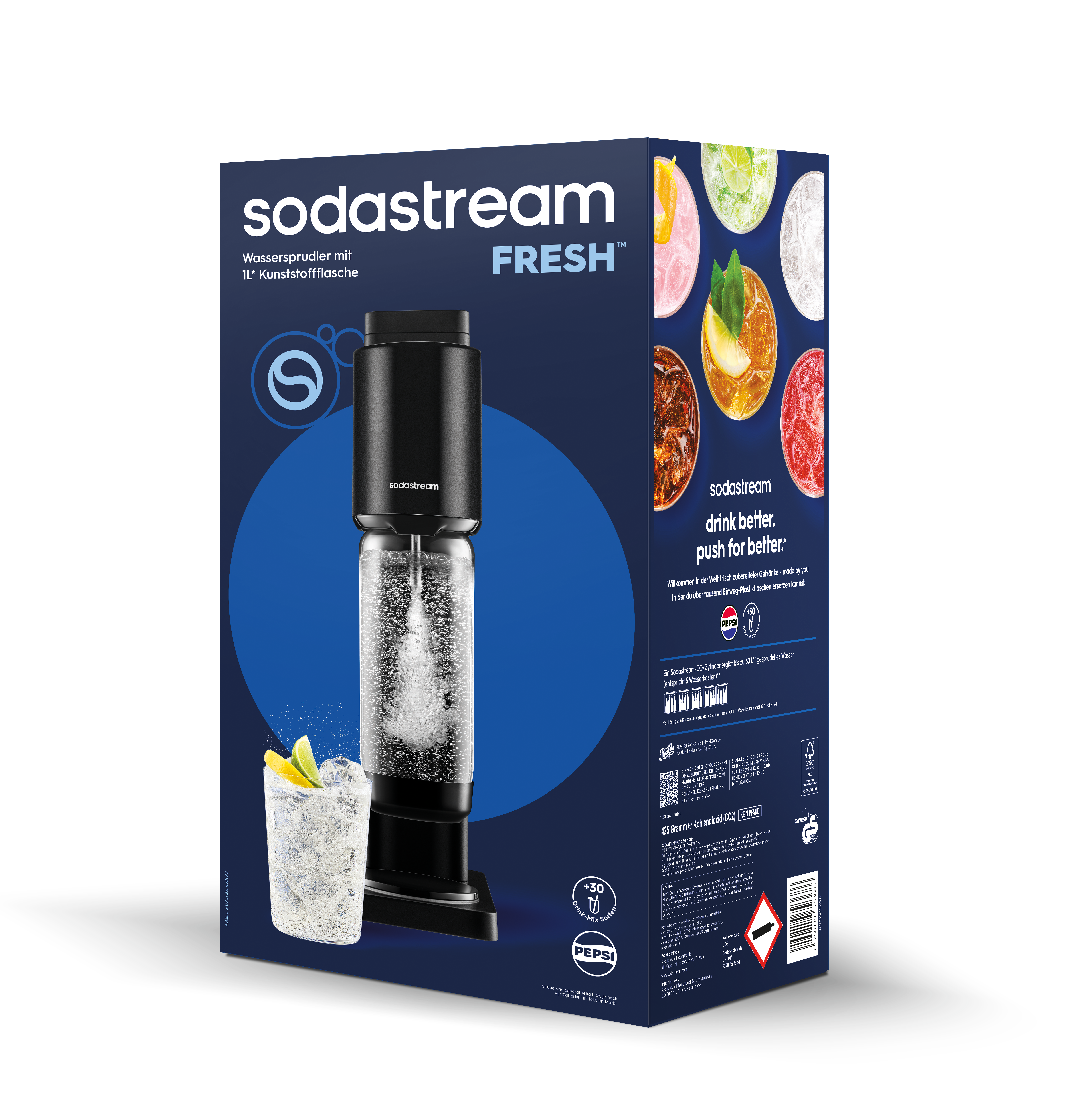 Verpackungskarton für Sodastream Fresh Wassersprudler mit schwarzem Gerät und Glas mit Limette.