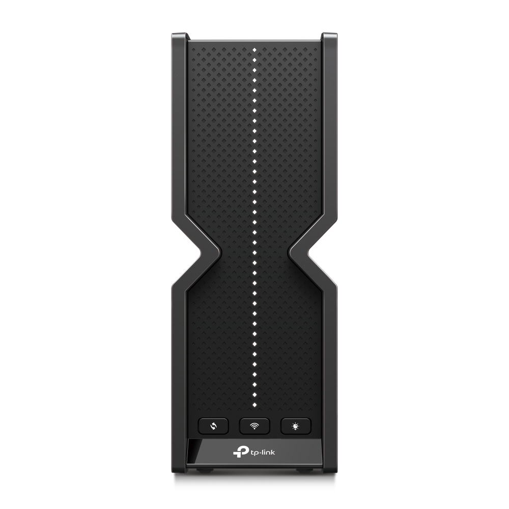Un enrutador TP-Link negro con diseño vertical, rejilla con patrón y luces de estado sobre fondo blanco.