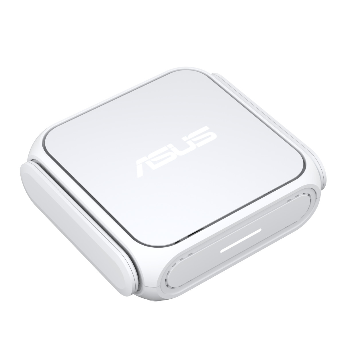 Un enrutador Wi-Fi Asus blanco y compacto con esquinas redondeadas se aísla en un fondo blanco.