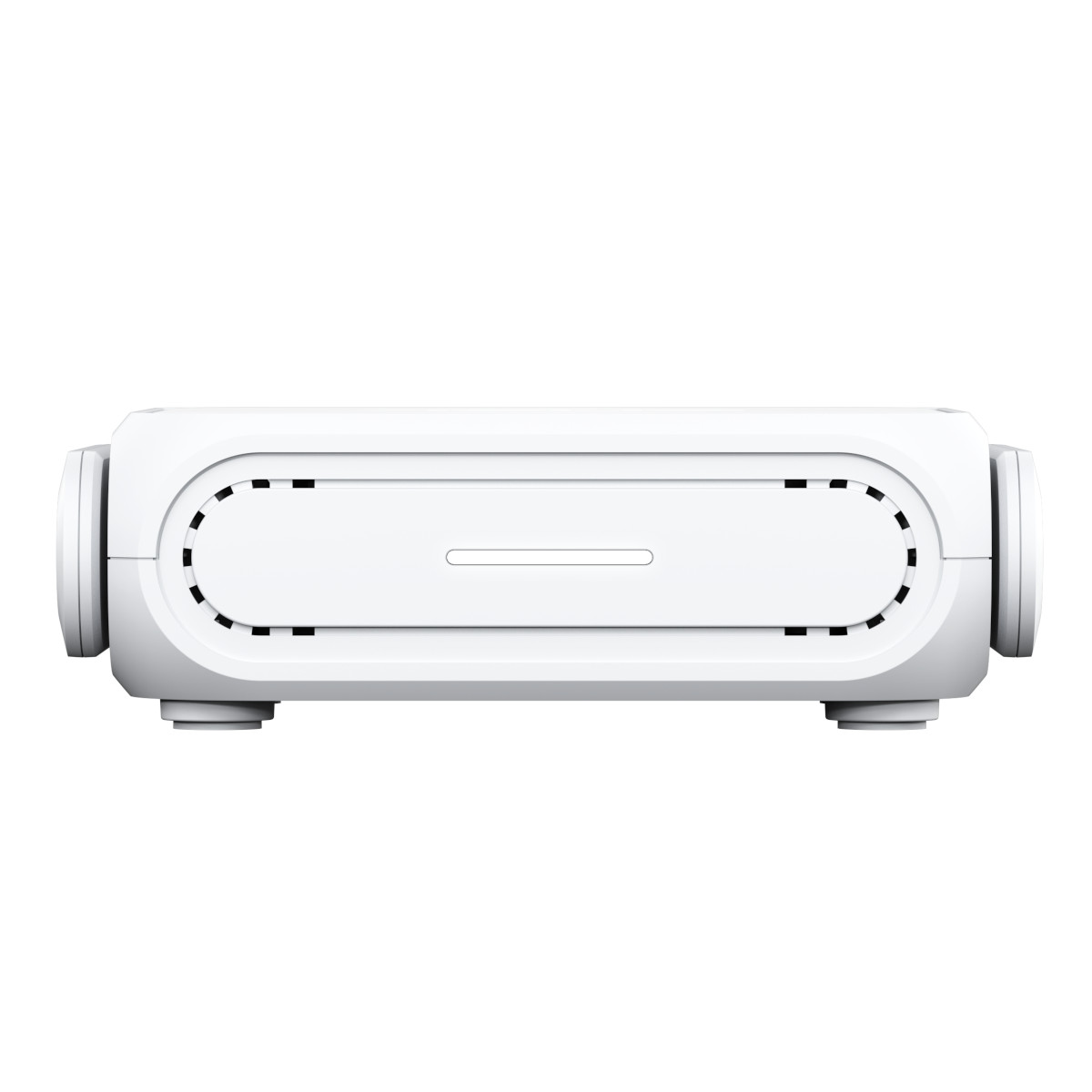 Un dispositivo electrónico rectangular blanco y redondeado con ranuras de ventilación y una luz indicadora central sobre fondo blanco.