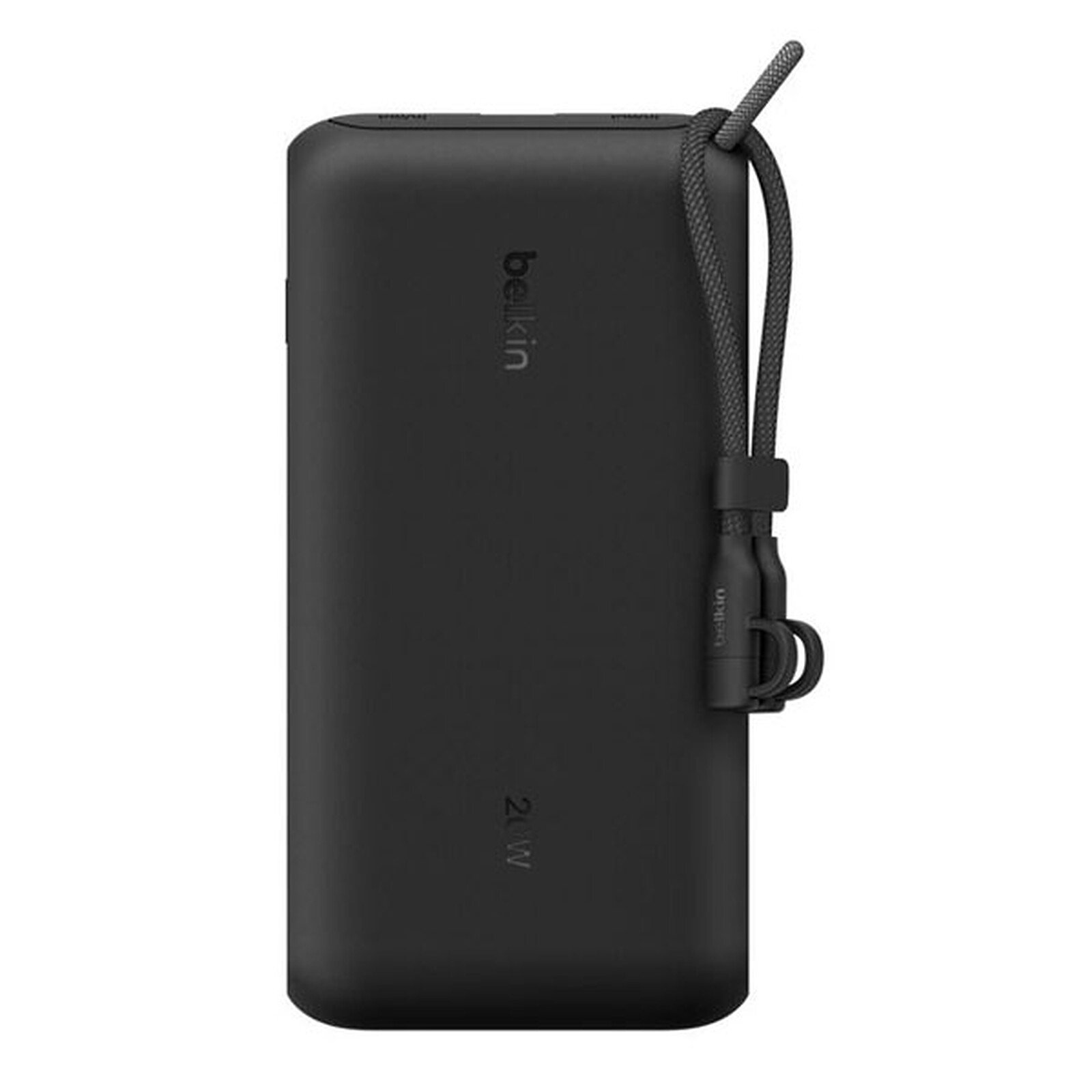 Un banco de energía negro Belkin de 20W con correa de transporte sobre fondo blanco.