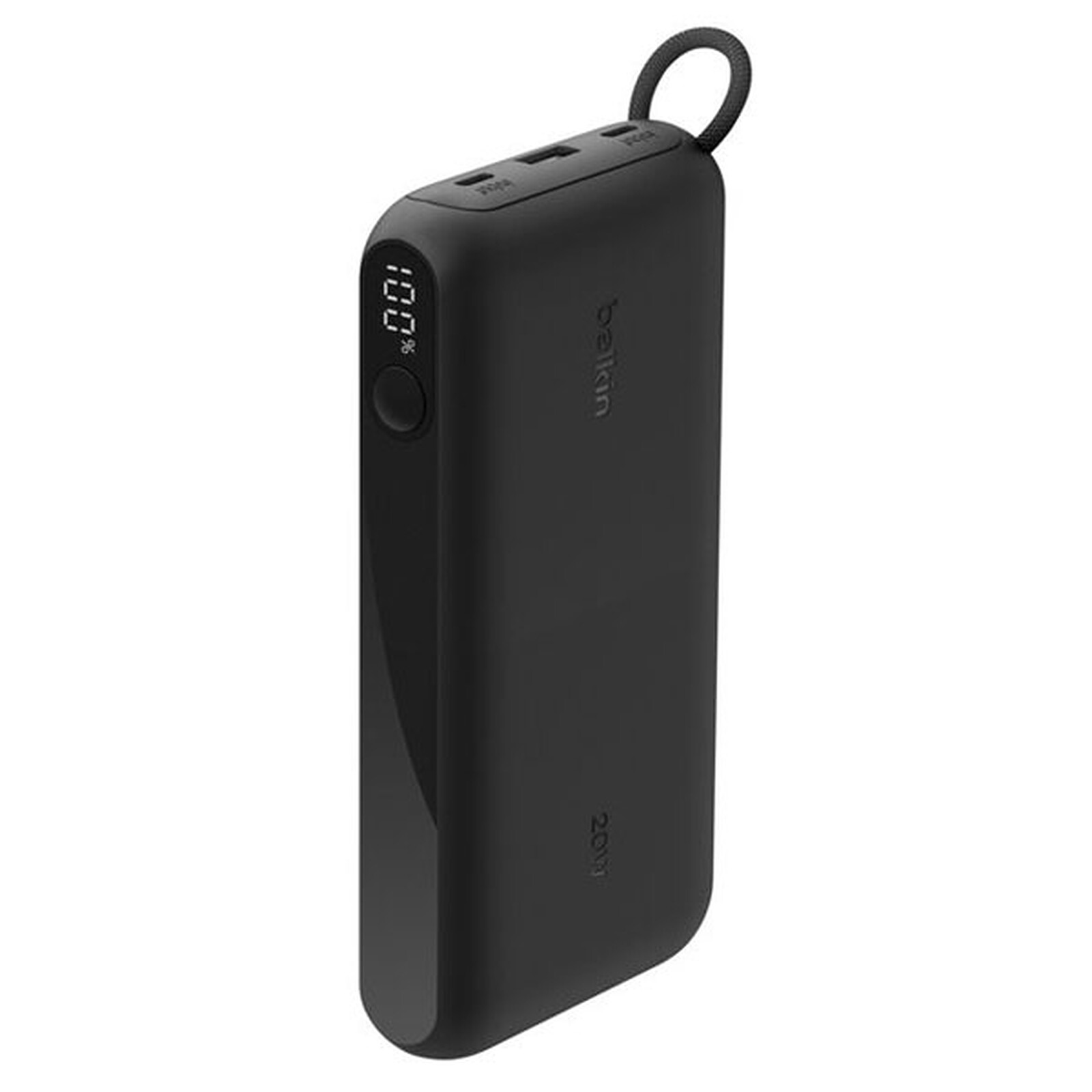 Un cargador portátil Belkin negro con pantalla LED al 100 por ciento, un botón circular y una correa.