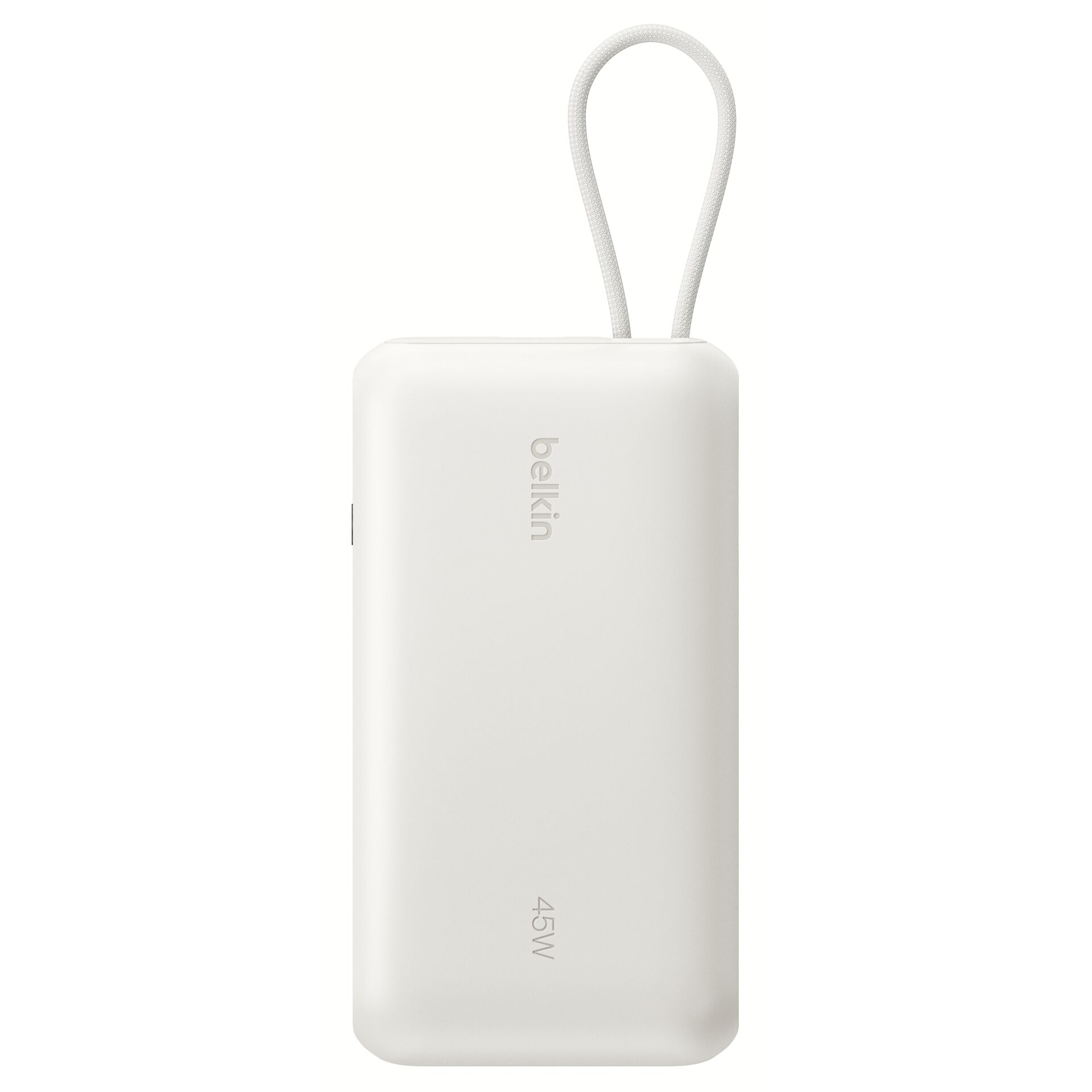 Una batería portátil blanca Belkin de 45W con una correa de transporte sobre fondo blanco.